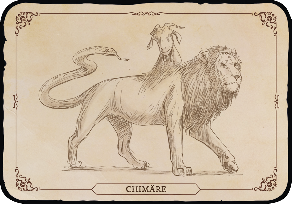 Gezeigt wird eine Innen- oder Zusatzansicht von „Das Archiv der Fabelwesen“. Die Illustration zeigt die Chimäre, ein fantastisches Fabelwesen mit einem Löwenkörper, dem Kopf einer Ziege und einem serpentinenartigen Schwanz. Die Zeichnung ist in sanften Brauntönen gehalten und wirkt skizzenhaft. Am unteren Rand ist der Titel „CHIMÄRE“ in einer klaren, eleganten Schriftart platziert. Die gesamte Komposition ist von filigranen, dekorativen Elementen umrahmt.