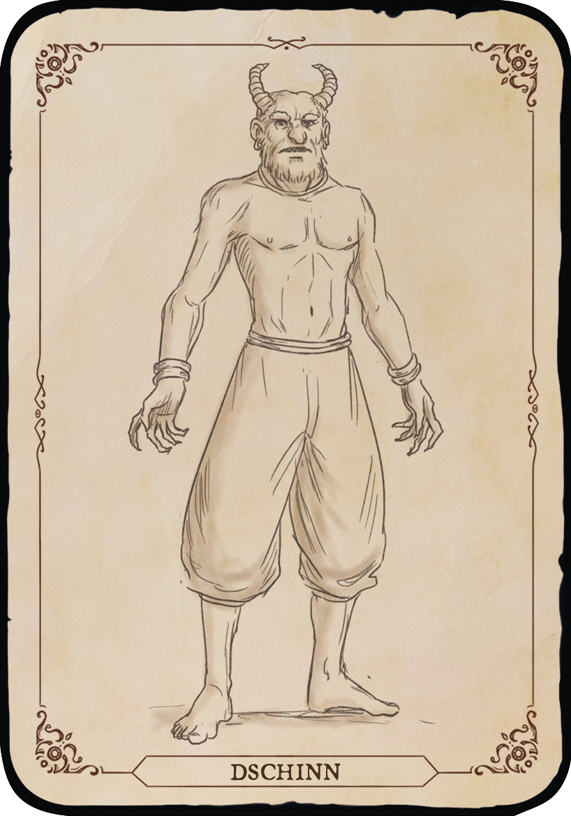 Gezeigt wird eine Innen- oder Zusatzansicht von „Das Archiv der Fabelwesen“. Die Abbildung zeigt eine Skizze eines Dschinns mit muskulösem Oberkörper, Hörnern und weit geschnittenen Hosen. Der Dschinn hat einen strengen Gesichtsausdruck und trägt Armreifen. Der Hintergrund ist in einem sanften Beige gehalten, während die Umrandung der Seite filigrane, dunkelbraune Ornamente aufweist. Die Typografie ist schlicht, mit dem Wort „Dschinn“ am unteren Rand in einer schwungvollen...