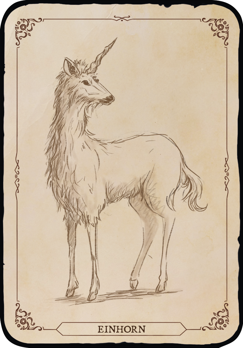 Gezeigt wird eine Innen- oder Zusatzansicht von „Das Archiv der Fabelwesen“. Die Zeichnung zeigt ein Einhorn in Details, mit einem eleganten, langen Hals und einem spiralförmigen Horn. Der Stil ist skizzenhaft, mit sanften Linien und einer neutralen Farbpalette in Beigetönen, die den historischen Charakter unterstreichen. Der Titel „EINHORN“ ist in einer klaren, geschwungenen Schriftart am unteren Rand platziert und harmoniert mit den filigranen Verzierungen in den Ecken.