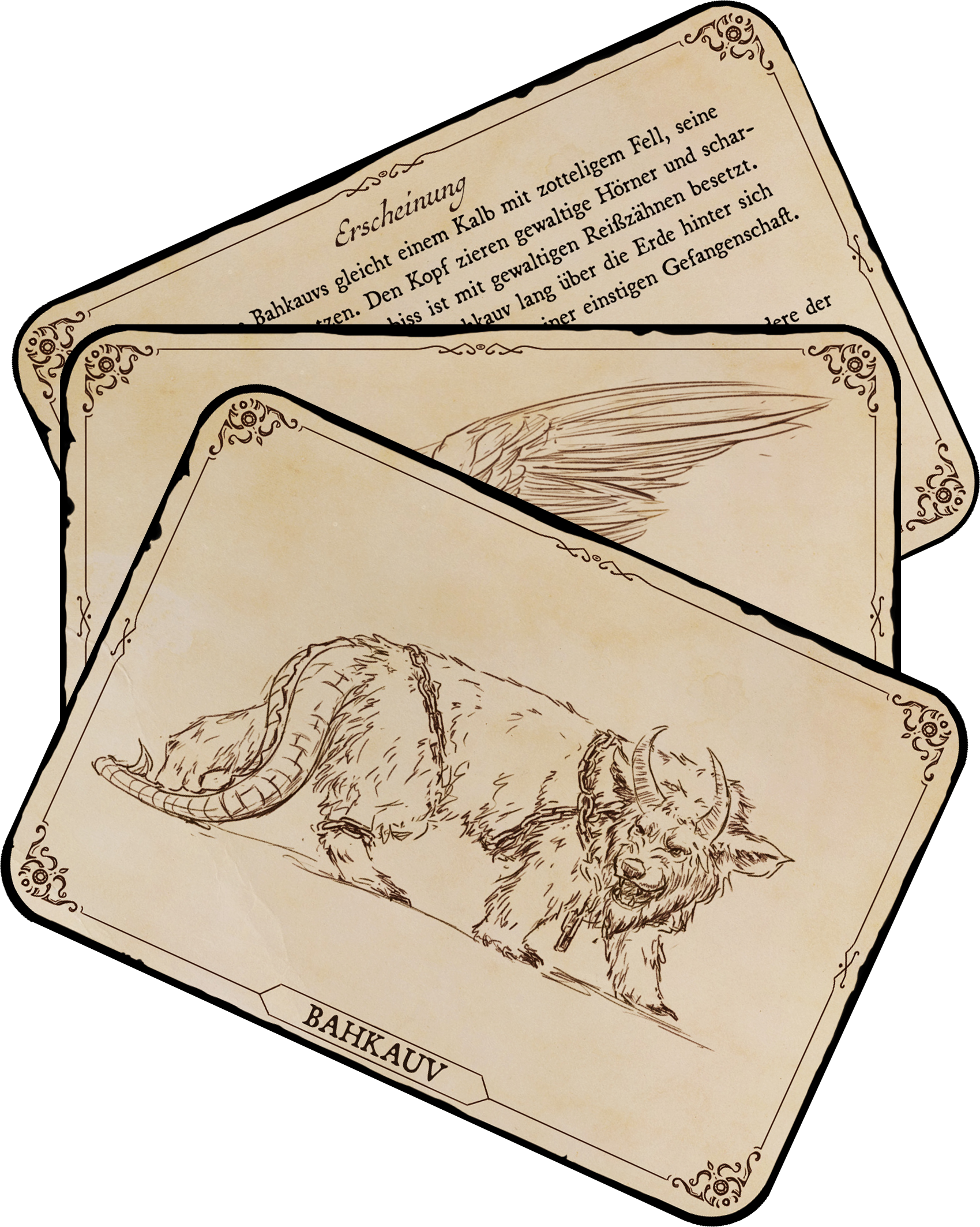 Gezeigt wird eine Innen- oder Zusatzansicht von „Das Archiv der Fabelwesen“. Drei Karten liegen übereinander. Die Karten haben einen beigen Hintergrund mit schlichten, geschwungenen Rändern und sind mit schwarzen, fein gezeichneten Illustrationen von Fabelwesen versehen. Auf der oberen Karte ist ein Wesen mit Hörnern zu sehen. Die Typografie ist elegant und verspielt, mit dem Titel „BAHKAUVA“ in klar lesbarer Schrift am unteren Rand oberen Karte.