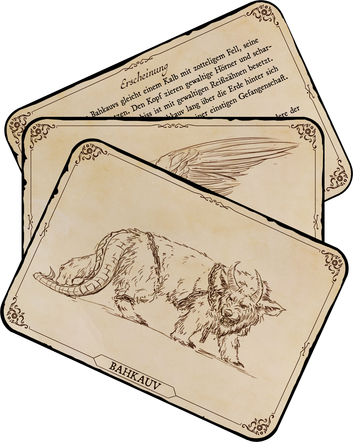 Gezeigt wird eine Innen- oder Zusatzansicht von „Das Archiv der Fabelwesen“. Drei Karten liegen übereinander. Die Karten haben einen beigen Hintergrund mit schlichten, geschwungenen Rändern und sind mit schwarzen, fein gezeichneten Illustrationen von Fabelwesen versehen. Auf der oberen Karte ist ein Wesen mit Hörnern zu sehen. Die Typografie ist elegant und verspielt, mit dem Titel „BAHKAUVA“ in klar lesbarer Schrift am unteren Rand oberen Karte.