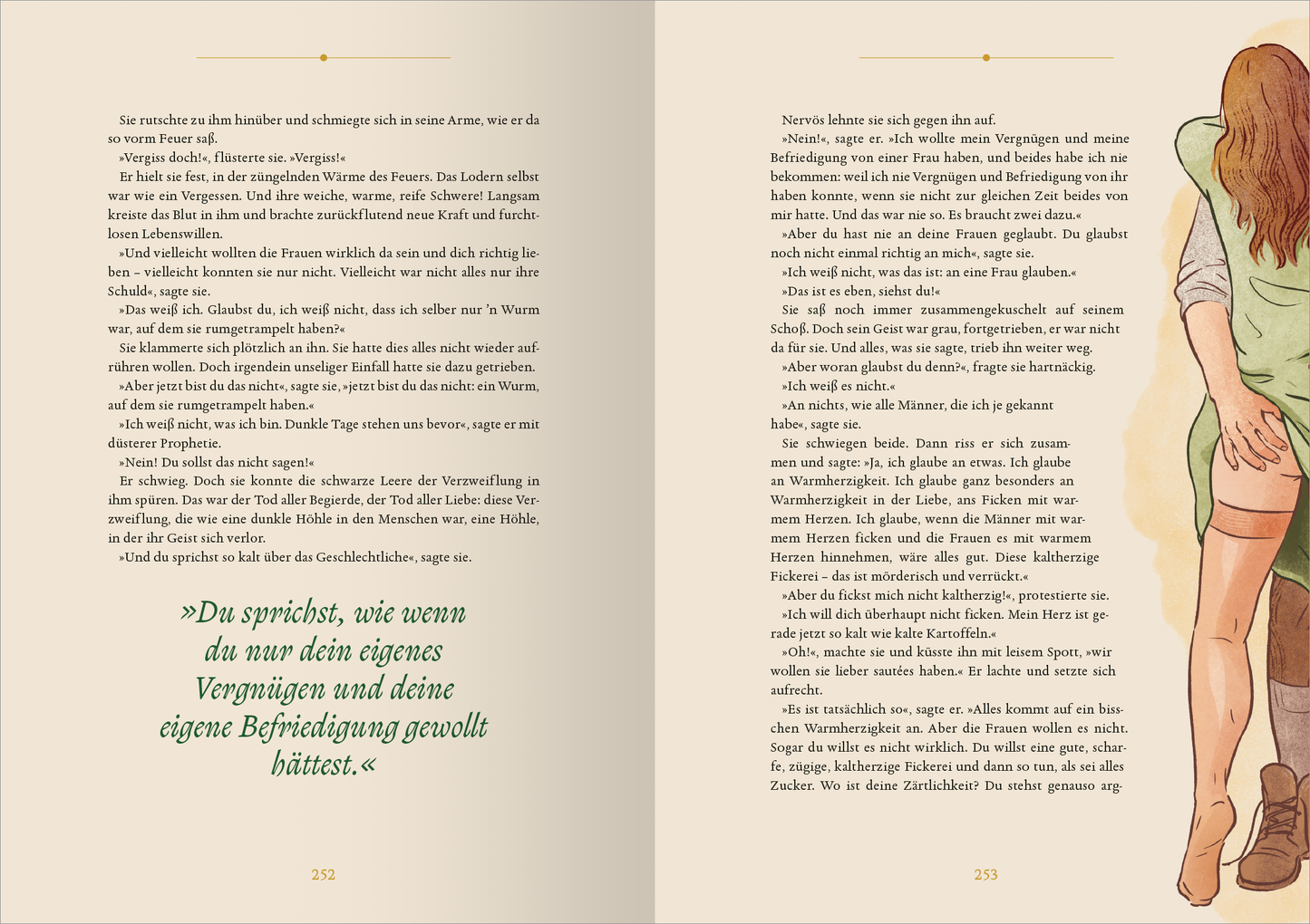 Gezeigt wird eine Innen- oder Zusatzansicht von „Biblioteca Obscura: Lady Chatterleys Liebhaber“. Die Seiten sind in einem sanften Cremeton gehalten, mit einer eleganten, dunklen Typografie. Auf der linken Seite wird ein Textblock präsentiert, der von einer stilisierten Illustration einer Frau in einem grünen Kleid begleitet wird, die eine sinnliche Pose einnimmt. Der rechte Seitenrand zeigt einen weiteren Textabschnitt, wobei das Zitat in größeren, feineren Buchstaben hervorgehoben...