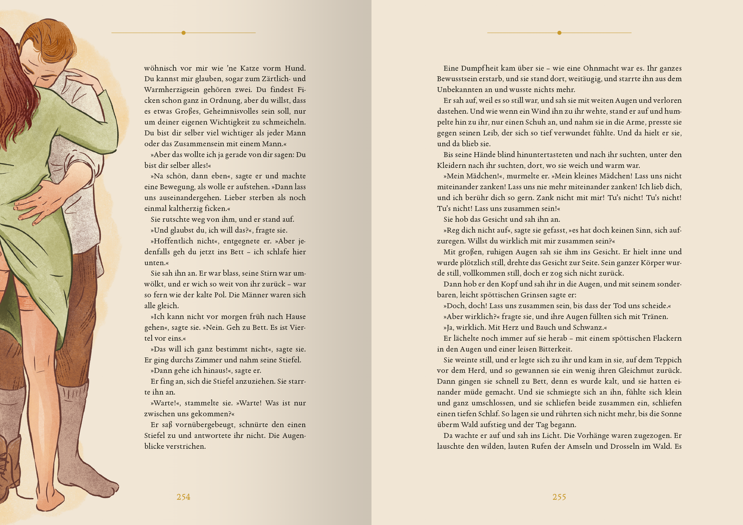 Gezeigt wird eine Innen- oder Zusatzansicht von „Biblioteca Obscura: Lady Chatterleys Liebhaber“. Die Doppelseite zeigt eine sanfte, beige Hintergrundfarbe. Auf der linken Seite sind zwei Figuren in enger Umarmung dargestellt, wobei die feminine Figur ein grünes Kleid trägt. Der Text rechts ist in einer gut lesbaren serifenlosen Schrift gestaltet, zu sehen sind mehrere Absatzblöcke mit ansprechendem Zeilenabstand für optimale Lesbarkeit. Dezente grafische Elemente ergänzen das Layout.