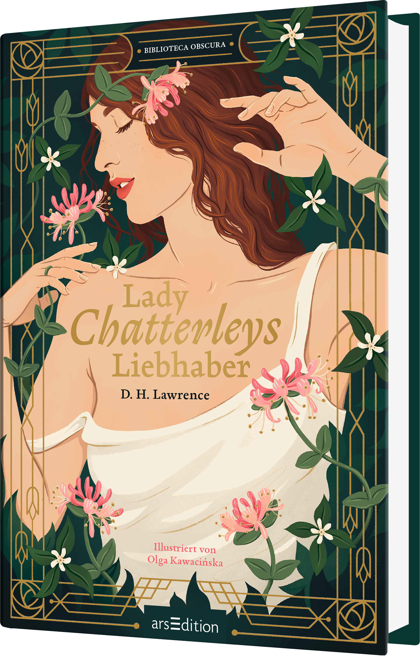 Das Cover zeigt eine stilisierte, illustrierte Frau mit langen, braunen Haaren, umgeben von blühenden Pflanzen und Blumen in sanften Rosa- und Grüntönen. Sie trägt ein elegantes, schlichtes top und hat einen nachdenklichen Gesichtsausdruck. Der Titel „Lady Chatterleys Liebhaber“ ist in goldener Schrift platziert, begleitet von dem Namen des Autors, D. H. Lawrence, in kleinerer Schrift darunter. Oben ist der Schriftzug „BIBLIOTECA OBSCURA“ zu sehen. In der oberen rechten Ecke...