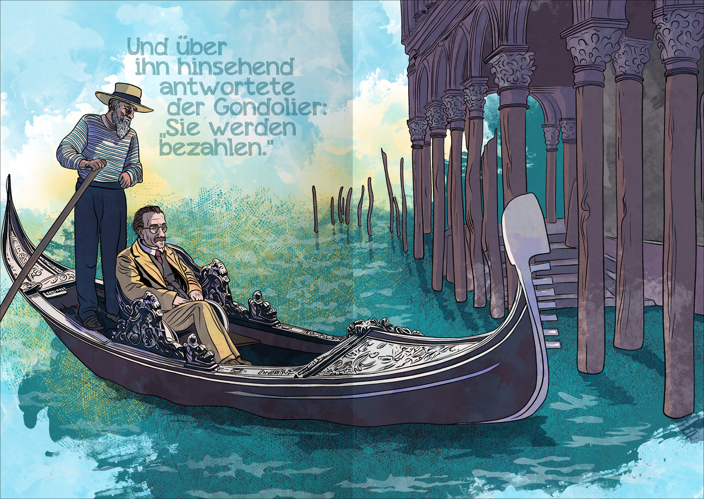 Gezeigt wird eine Innen- oder Zusatzansicht von „Biblioteca Obscura: Der Tod in Venedig und andere Novellen“. Die Illustration zeigt zwei Figuren in einer Gondel auf dem grünen Wasser Venedigs, umgeben von eindrucksvoller Architektur. Der Gondolier trägt einen klassischen Hut und ist in einem gestreiften Hemd gekleidet. Die Hauptfigur im Anzug wirkt nachdenklich. Im Hintergrund sind Säulen und verwaschene Farben zu erkennen, die eine mystische Atmosphäre schaffen. Der Text in...