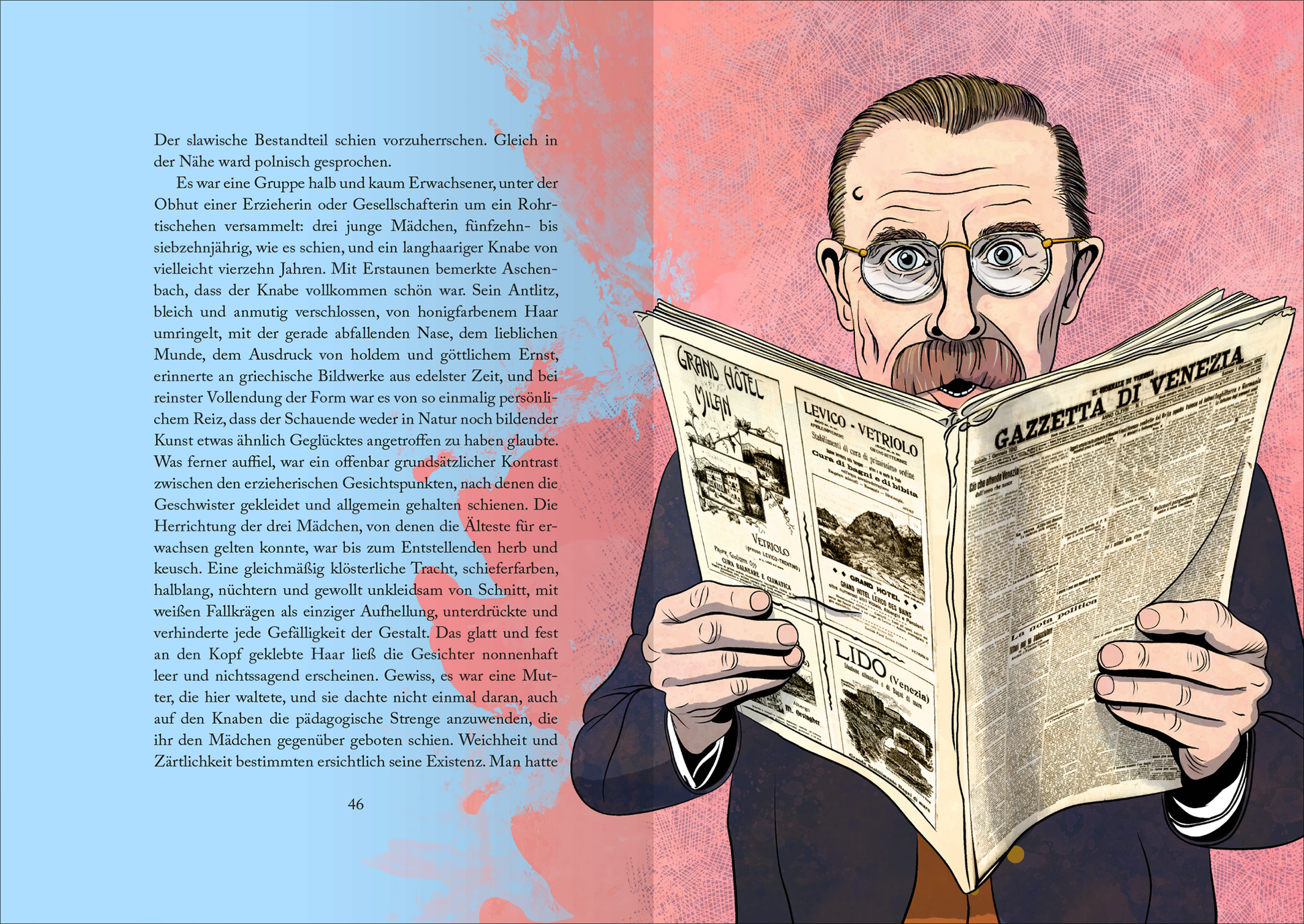 Gezeigt wird eine Innen- oder Zusatzansicht von „Biblioteca Obscura: Der Tod in Venedig und andere Novellen“. Im Vordergrund hält ein Mann mit Brille eine Zeitung in den Händen, seine Mimik drückt Neugier aus. Die Farben sind kräftig, mit einem rosa-hintergrund und blau-grauen Akzenten. Die Typografie in der Zeitung ist klar und gut lesbar, während der Text auf der linken Seite in einem schlichten, eleganten Schriftstil gestaltet ist.