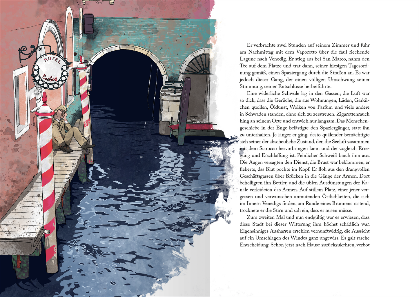 Gezeigt wird eine Innen- oder Zusatzansicht von „Biblioteca Obscura: Der Tod in Venedig und andere Novellen“. Die Illustration zeigt eine malerische Szene mit einem Holzsteg, der in einen ruhigen Kanal führt. Rote und weiße Streifen prägen die Laternen und das Ufer. Ein Gebäude im Hintergrund ist in sanften Farben gehalten. Die Schrift auf der rechten Seite ist klar und gut lesbar, mit einer eleganten, klassischen Typografie. Der Gesamteindruck vermittelt eine nostalgische Atmosphäre...