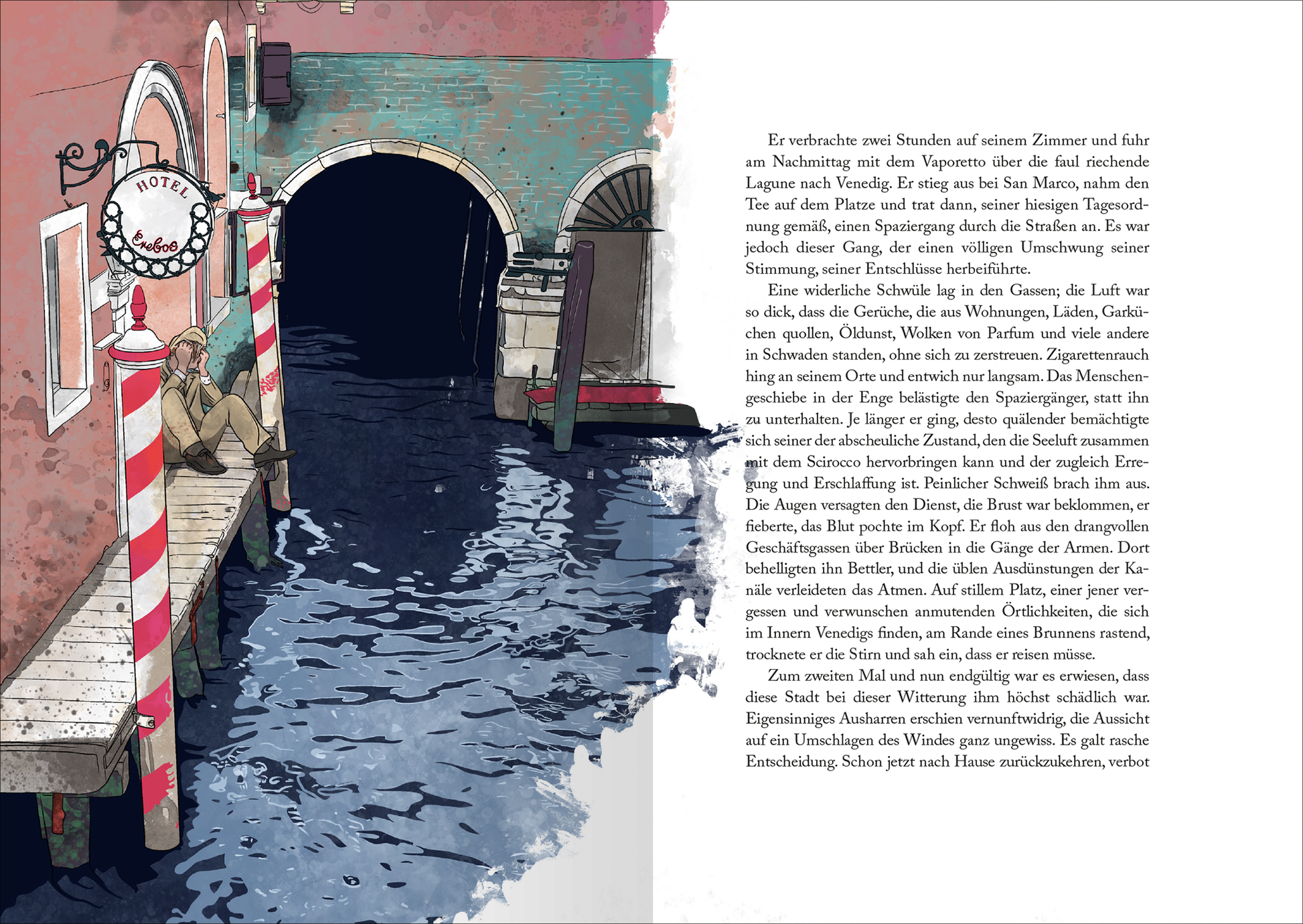 Gezeigt wird eine Innen- oder Zusatzansicht von „Biblioteca Obscura: Der Tod in Venedig und andere Novellen“. Die Illustration zeigt eine malerische Szene mit einem Holzsteg, der in einen ruhigen Kanal führt. Rote und weiße Streifen prägen die Laternen und das Ufer. Ein Gebäude im Hintergrund ist in sanften Farben gehalten. Die Schrift auf der rechten Seite ist klar und gut lesbar, mit einer eleganten, klassischen Typografie. Der Gesamteindruck vermittelt eine nostalgische Atmosphäre...