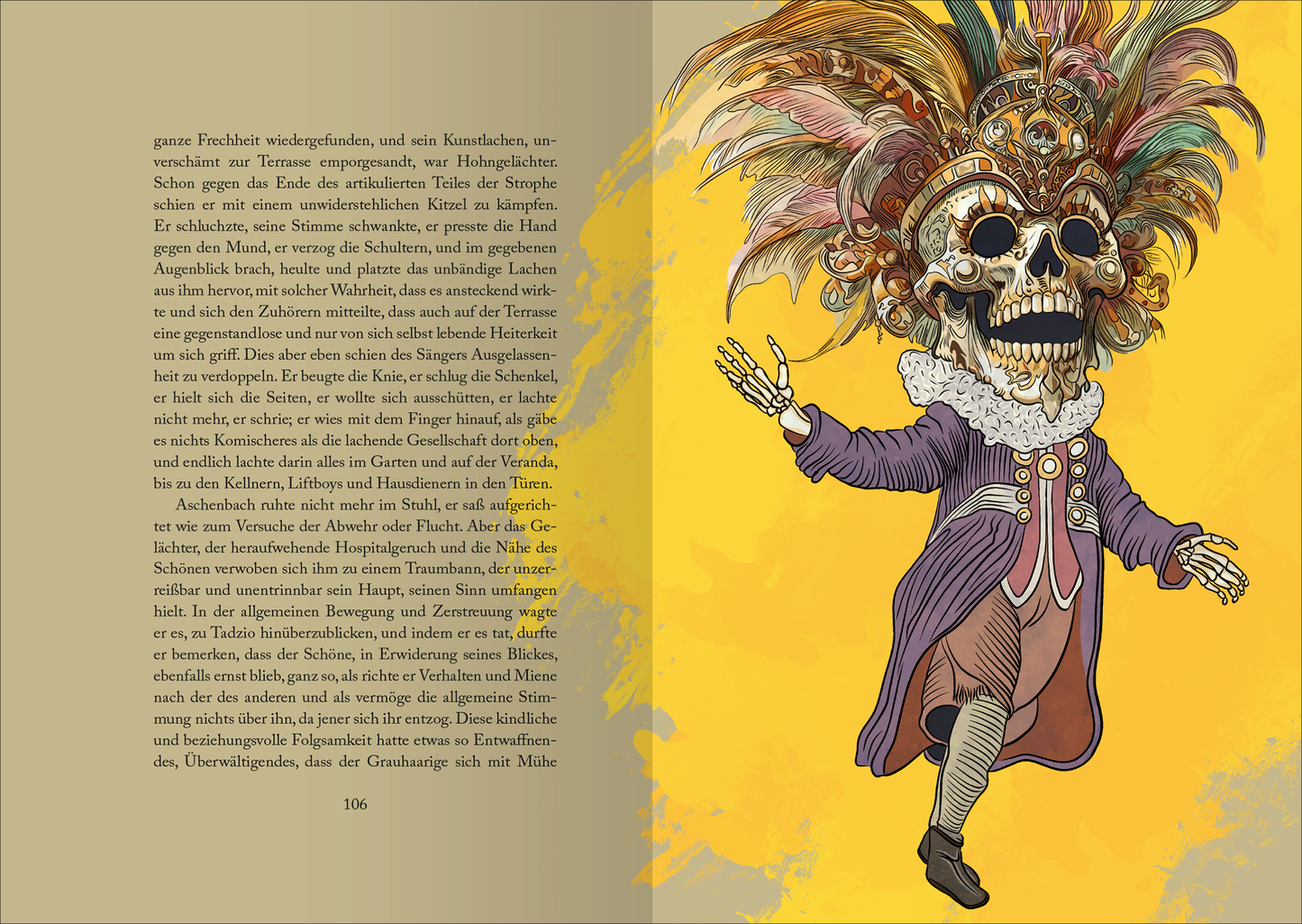 Gezeigt wird eine Innen- oder Zusatzansicht von „Biblioteca Obscura: Der Tod in Venedig und andere Novellen“. Die Abbildung zeigt einen bunten, phantasievollen Charakter mit einem Totenschädel und einer prächtigen Federhaube. Der Hintergrund ist in verschiedenen Gelbtönen gehalten, während der Charakter in lila Kleidung und einem weißen Kragen dargestellt ist. Die elegante Typografie ist gut lesbar und kombiniert klassische und moderne Elemente, die zur Atmosphäre des Werkes beitragen.