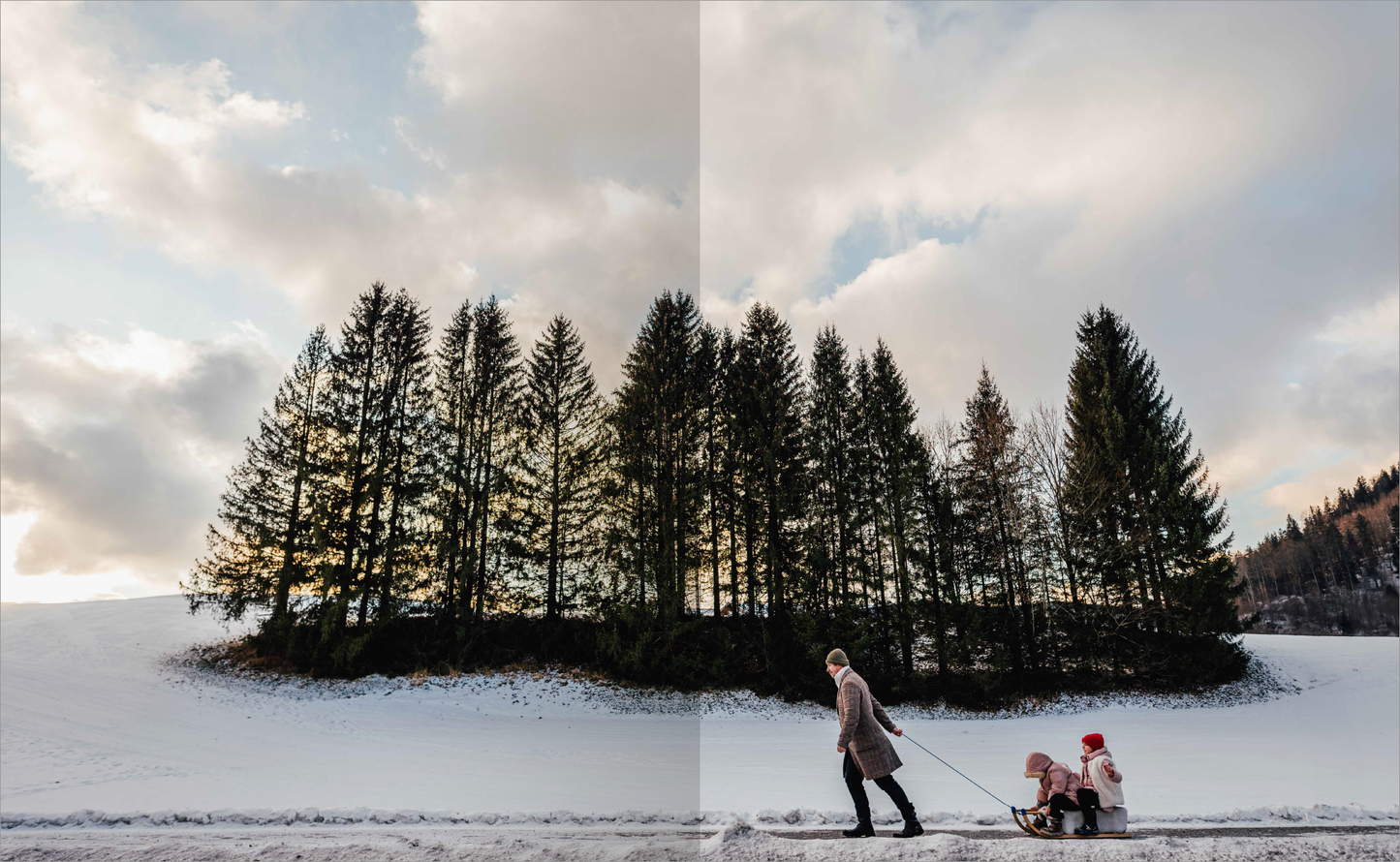 Gezeigt wird eine Innen- oder Zusatzansicht von „Endlich Weihnachten“. Die Bildkomposition zeigt eine verschneite Winterlandschaft mit einer Gruppe von Tannenbäumen im Hintergrund. Eine Frau zieht einen Schlitten, auf dem zwei Kinder sitzen, durch den Schnee. Die Farben sind hauptsächlich in sanften Weiß-, Beige- und Grüntönen gehalten, während der Himmel eine Mischung aus blau und grauen Wolken zeigt. Die Verwendung von klarer, moderner Typografie vermittelt ein fröhliches und...