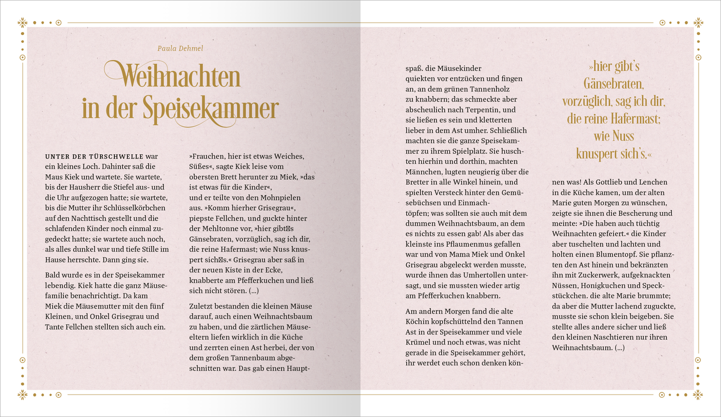 Gezeigt wird eine Innen- oder Zusatzansicht von „Vanille, Zimt und Weihnachtsduft“. Die Doppelseite ist in sanften Pastellfarben gehalten, überwiegend in zartem Rosa, mit goldenen Akzenten. Die Überschrift „Weihnachten in der Speisekammer“ ist in eleganter, geschwungener Schriftart gesetzt. Der darunterliegende Text ist in klarer, gut lesbarer Schriftform verfasst und vermittelt eine warme, einladende Atmosphäre. Ornamental verzierte Elemente umrahmen die Seiten und verstärken das...