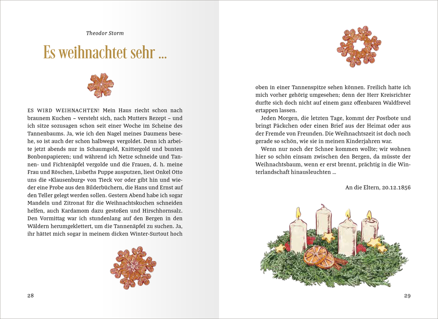 Gezeigt wird eine Innen- oder Zusatzansicht von „Die schönsten Geschichten aus dem Schnee“. Auf der linken Seite befindet sich ein poetischer Text von Theodor Storm, der in versaler Schrift verfasst ist. Die Farben sind warm und einladend, mit goldenen und roten Akzenten. Auf der rechten Seite sind vier Kerzen auf einem geschmückten Adventskranz abgebildet, umgeben von Tannenzweigen und getrockneten Orangenscheiben. Die gesamte Gestaltung strahlt eine festliche Weihnachtsatmosphäre aus.