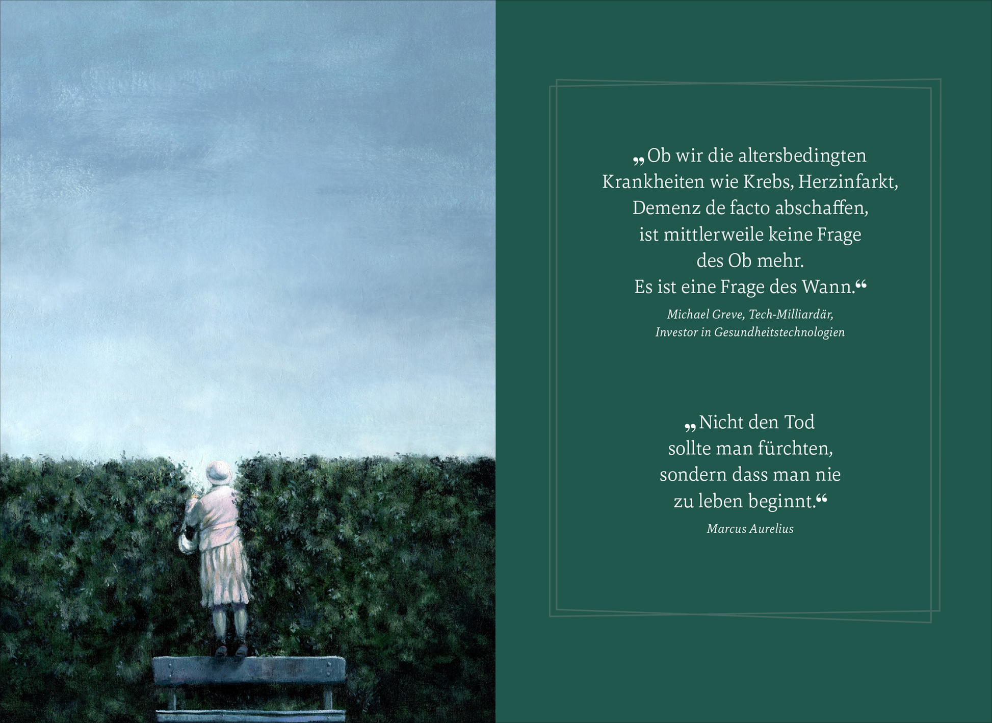 Gezeigt wird eine Innen- oder Zusatzansicht von „Endlich 7 Tage Wochenende“. Die Seite zeigt eine nachdenkliche Szene mit einem kleinen Mädchen, das auf einer Bank sitzt und in die Ferne blickt. Die Farben sind sanft und überwiegend blau-grünlich, was eine ruhige Stimmung erzeugt. Auf der rechten Seite befinden sich zwei Zitate in klarer, serifenloser Typografie, die in Weiß auf einem dunklen, einladenden Hintergrund stehen. Die Gestaltung vermittelt ein Gefühl von Hoffnung und...