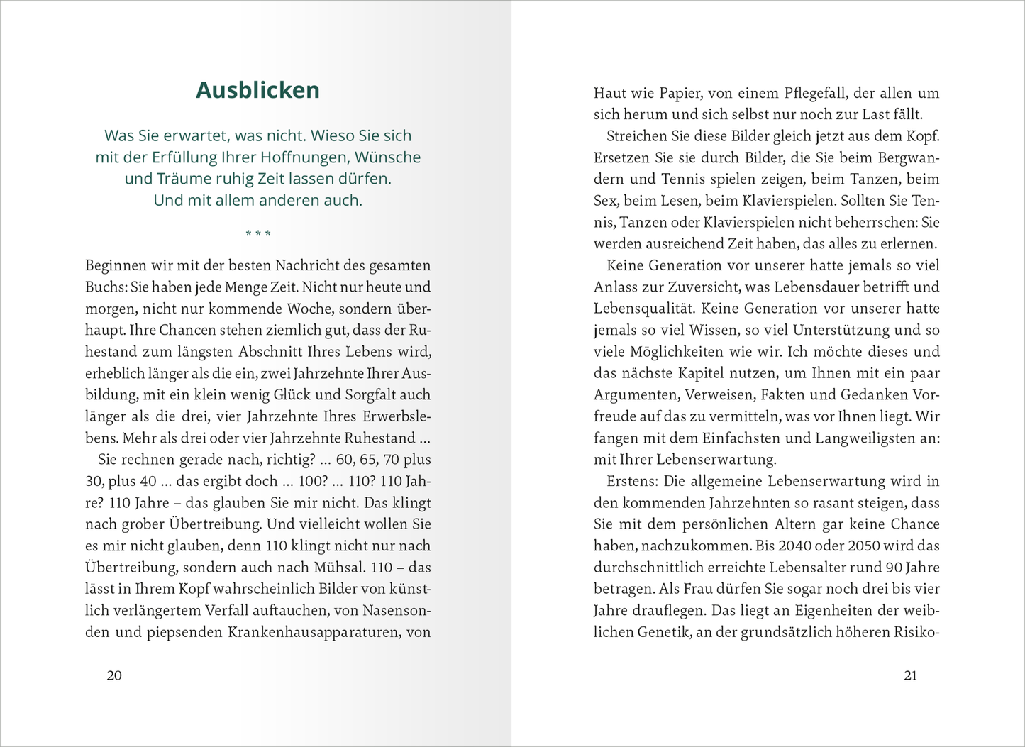Gezeigt wird eine Innen- oder Zusatzansicht von „Endlich 7 Tage Wochenende“. Die Seiten sind hell und klar strukturiert, gestaltet in sanften Grüntönen, die eine beruhigende Atmosphäre schaffen. Die Typografie ist gut lesbar, wobei Überschriften in einer größeren, fetten Schriftart hervorgehoben sind. Der Text ist in Blöcken angeordnet, was die Lesbarkeit verbessert. Zwischen den Abschnitten befinden sich ausreichend Zwischenräume, die den Inhalt klar gliedern.