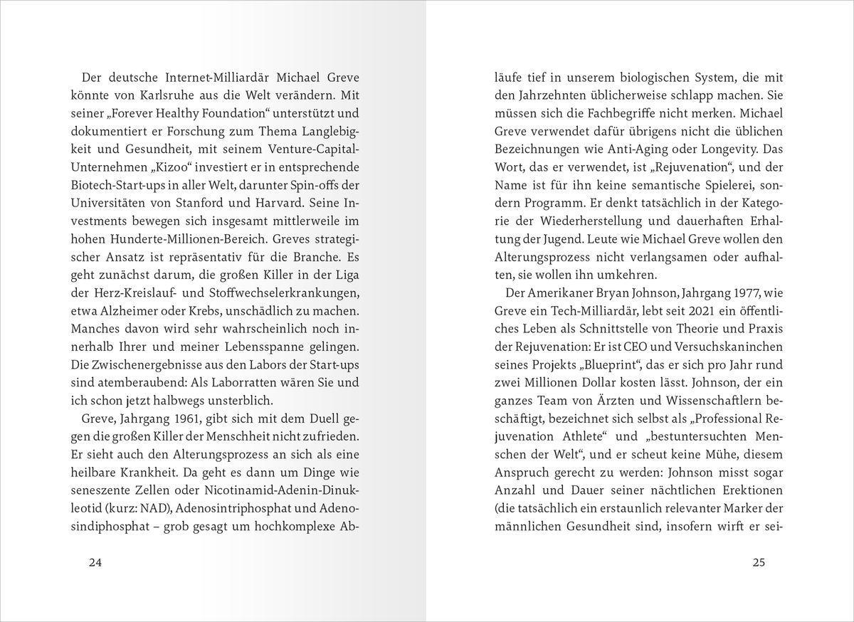 Gezeigt wird eine Innen- oder Zusatzansicht von „Endlich 7 Tage Wochenende“. Die Seiten sind in einem klaren, gut lesbaren Layout gestaltet, mit einem weißen Hintergrund und schwarzer Schrift. Die typografische Gestaltung ist funktional, wobei Absätze durch ausreichend Platz voneinander getrennt sind. Einige Passagen besitzen herausgehobene Schriftarten oder fettete Texte, um wichtige Informationen zu kennzeichnen. Der Text behandelt das Thema Gesundheit und Biotechnologie, angereichert...