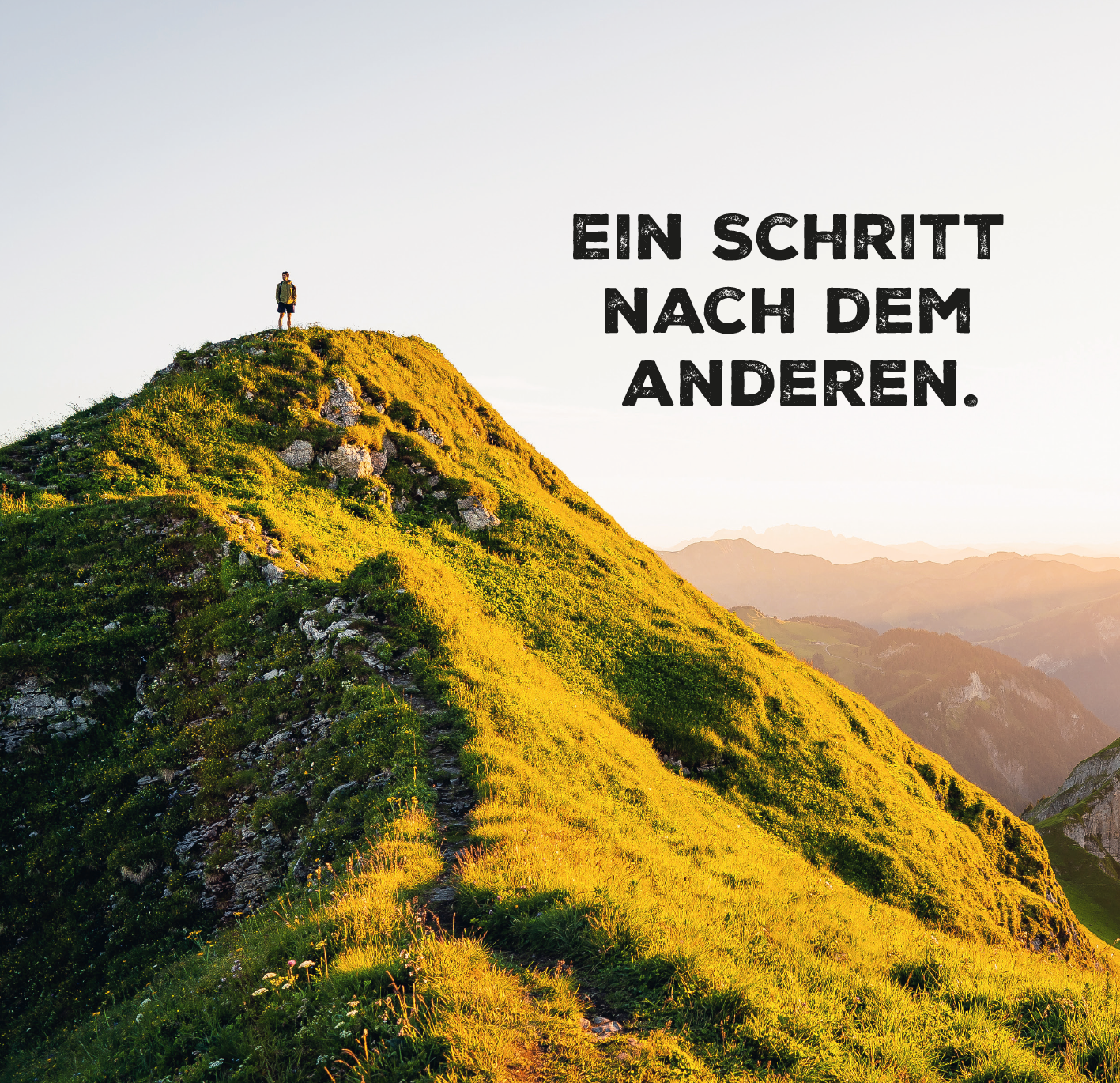 Gezeigt wird eine Innen- oder Zusatzansicht von „Auf die Plätze, glücklich, los!“. Der Hintergrund zeigt eine grüne, hügelige Landschaft unter einem hellblauen Himmel. In der oberen Bildhälfte steht in großer, fetter Schrift der Text „EIN SCHRITT NACH DEM ANDEREN“. Die klare, moderne Typografie wirkt motivierend und ansprechend. Die Farben sind lebendig und strahlen eine positive Energie aus.
