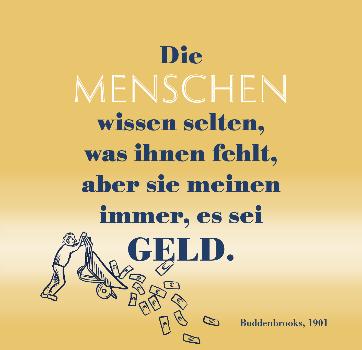 Gezeigt wird eine Innen- oder Zusatzansicht von „Das Glück kommt zu denen, die es erwarten“. Der Hintergrund ist in einem sanften Gelbton gehalten. Die zentrale Textpassage hebt das Wort „MENSCHEN“ in einer großen, hellen Schrift hervor, während der restliche Text in einer dunkleren, gut lesbaren Schriftart auftritt. Eine illustration zeigt eine Figur, die Geldscheine trägt, was den Inhalt humorvoll unterstreicht. Der Text zitiert „Buddenbrooks, 1901“ am unteren Rand.
