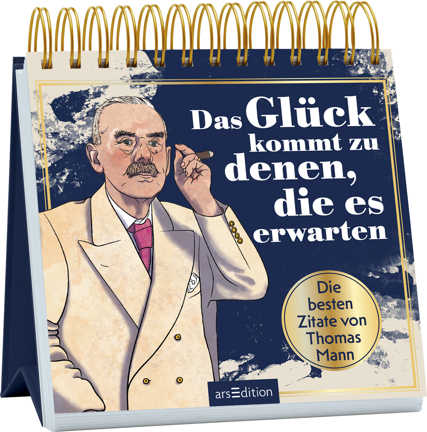 Auf dem Buchcover ist eine illustrative Darstellung eines älteren Mannes mit grauen Haaren und einem Bart, der in einem weißen Anzug gekleidet ist. Er zeigt mit einer Hand auf seine Schläfe und hält in der anderen Hand eine Zigarre. Der Hintergrund in dunklem Blau mit helleren Farbverläufen hebt den Text hervor. Der Titel „Das Glück kommt zu denen, die es erwarten“ ist in großen, weißen Buchstaben gestaltet. Unten rechts befindet sich ein goldener Button mit dem Text „Die besten...