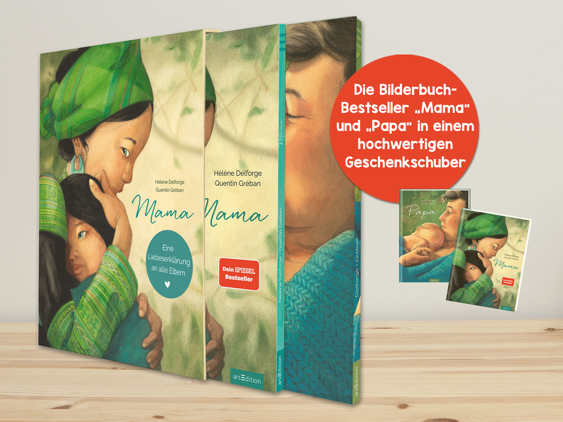 Gezeigt wird eine Innen- oder Zusatzansicht von „Geschenk-Schuber Mama & Papa“. Der Schuber präsentiert zwei Bilderbuch-Cover in sanften Farbnuancen, hauptsächlich mintgrün und beige, zusammen mit liebevollen Illustrationen von Müttern und Kindern. Die Titel „Mama“ und „Papa“ sind in einer eleganten, geschwungenen Schrift in weißer Farbe gehalten. Eine rote Informationsblase hebt die Bestseller-Qualität der Bücher hervor. Die Gestaltung vermittelt Wärme und Geborgenheit.