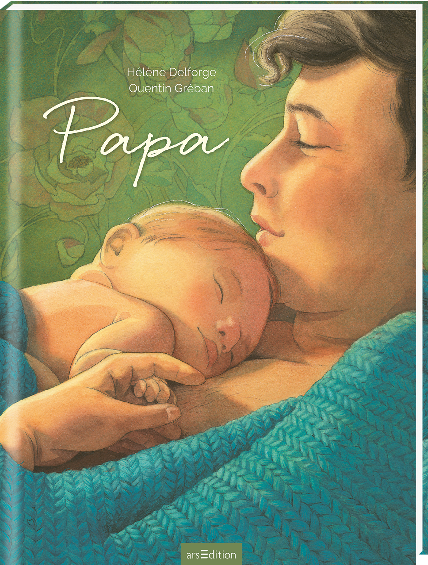 Gezeigt wird eine Innen- oder Zusatzansicht von „Geschenk-Schuber Mama & Papa“. Die Illustration zeigt einen emotionalen Moment zwischen einem Vater und seinem schlafenden Baby. Die sanften Farben in Blau- und Pastelltönen schaffen eine beruhigende Atmosphäre. Die Schriftart für das Wort „Papa“ ist handschriftlich und elegant, wodurch eine persönliche Note vermittelt wird. Der Hintergrund ist mit zarten floralen Motiven gestaltet, die das Gefühl von Liebe und Geborgenheit...