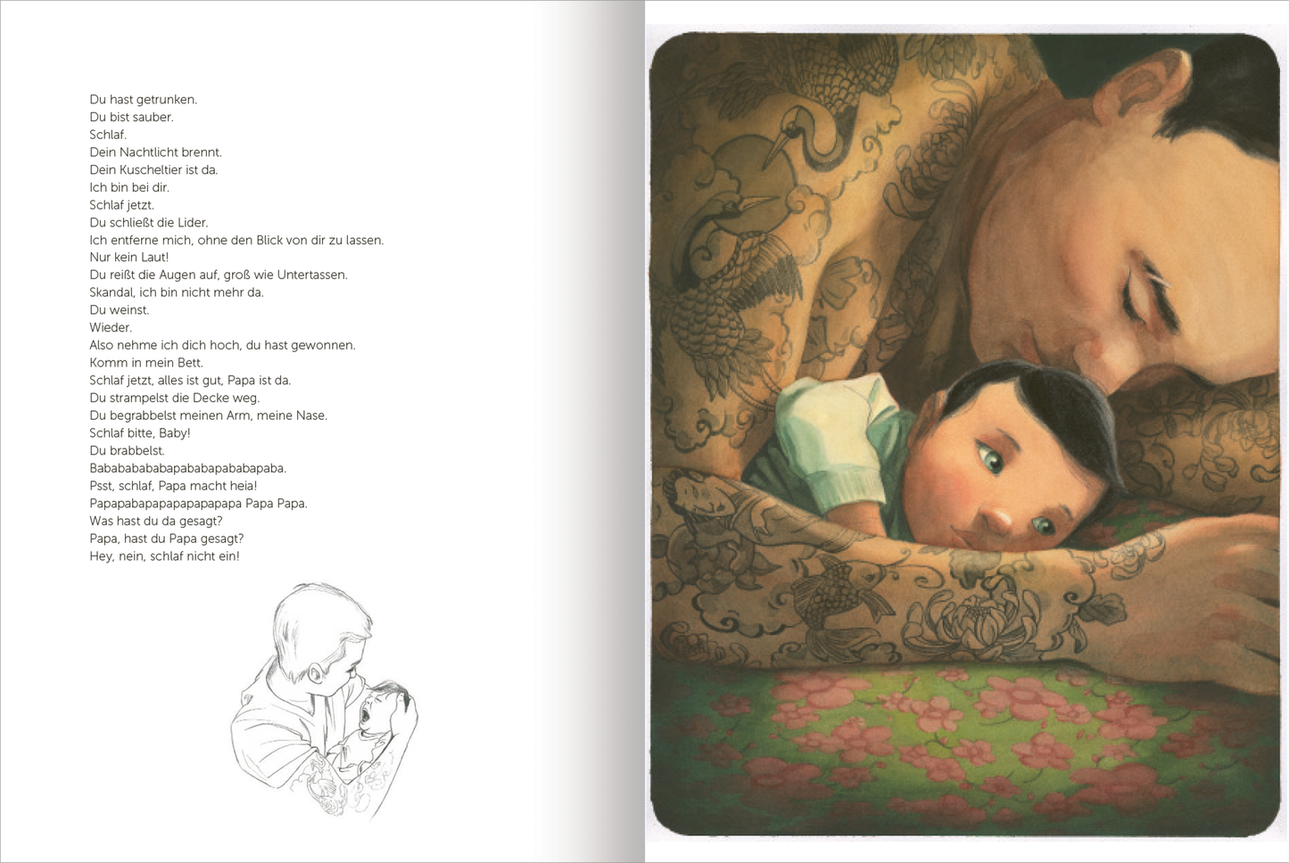 Gezeigt wird eine Innenansicht von „Geschenk-Schuber MAMA und PAPA“. Die rechte Seite zeigt einen schlafenden Vater und sein Kind. Das Kind liegt dicht bei ihm. Auf der linken Seite befindet sich der Text, darunter eine Zeichnung eines Vaters mit seinem Kind im Arm.