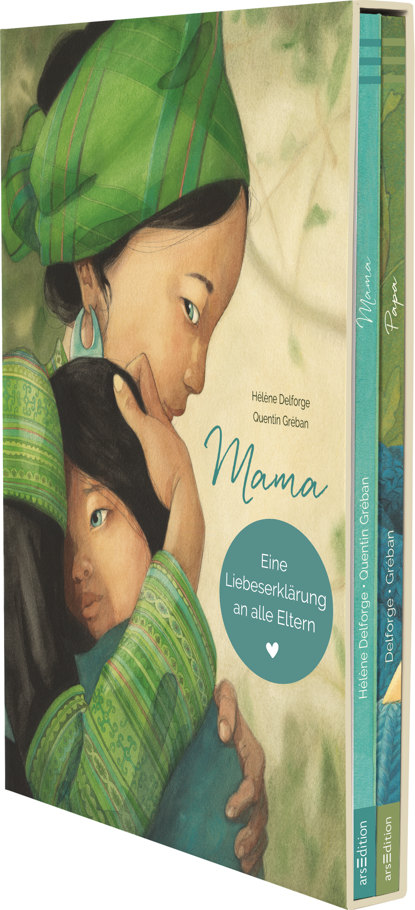 Die 3D Ansicht zeigt den „Geschenk-Schuber MAMA und PAPA“. Der Schuber beinhaltet die Titel „Mama“ und „Papa“. Die Illustration zeigt eine Mutter, die ihr Kind umarmt. Ein roter Button enthält die Inschrift „Eine Liebeserklärung an alle Eltern“. Der Titel und die Autorinnen Name, sowie der Illustratoren Name stehen am rechten Rand. Man erkennt die Rücken der beiden im Schuber enthaltenen Bände.