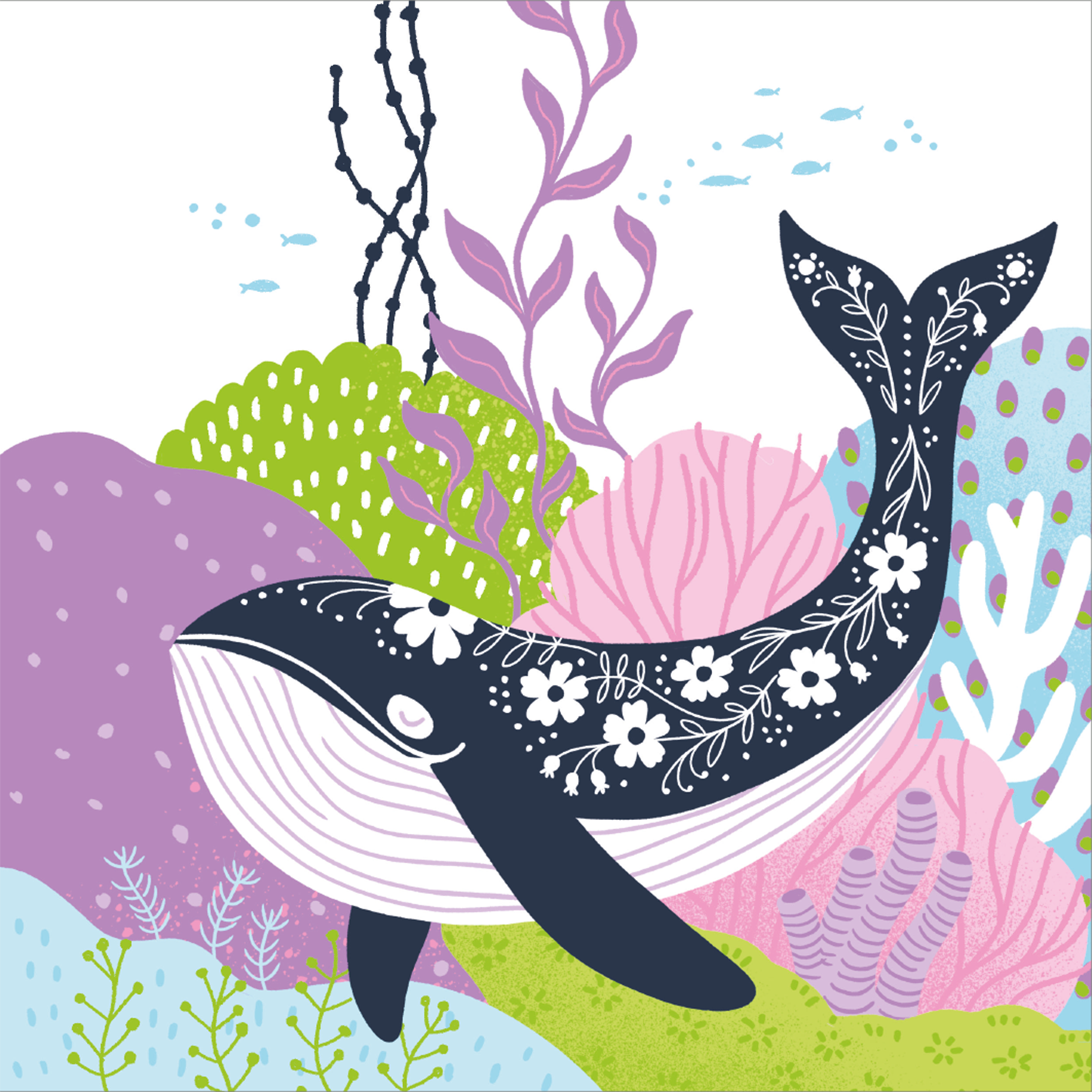 Gezeigt wird eine Innen- oder Zusatzansicht von „I love to sparkle – Be wild“. Die Illustration zeigt einen stilisierten Wal in dunklem Blau mit floralen Mustern, umgeben von bunten, abstrahierten Pflanzen, die in zarten Rosa- und Grüntönen gestaltet sind. Der Hintergrund ist hell und vermittelt einen maritimen Eindruck. Die Verwendung von verspielter Typografie und lebendigen Farben unterstreicht das kreative und fröhliche Thema des Produkts.