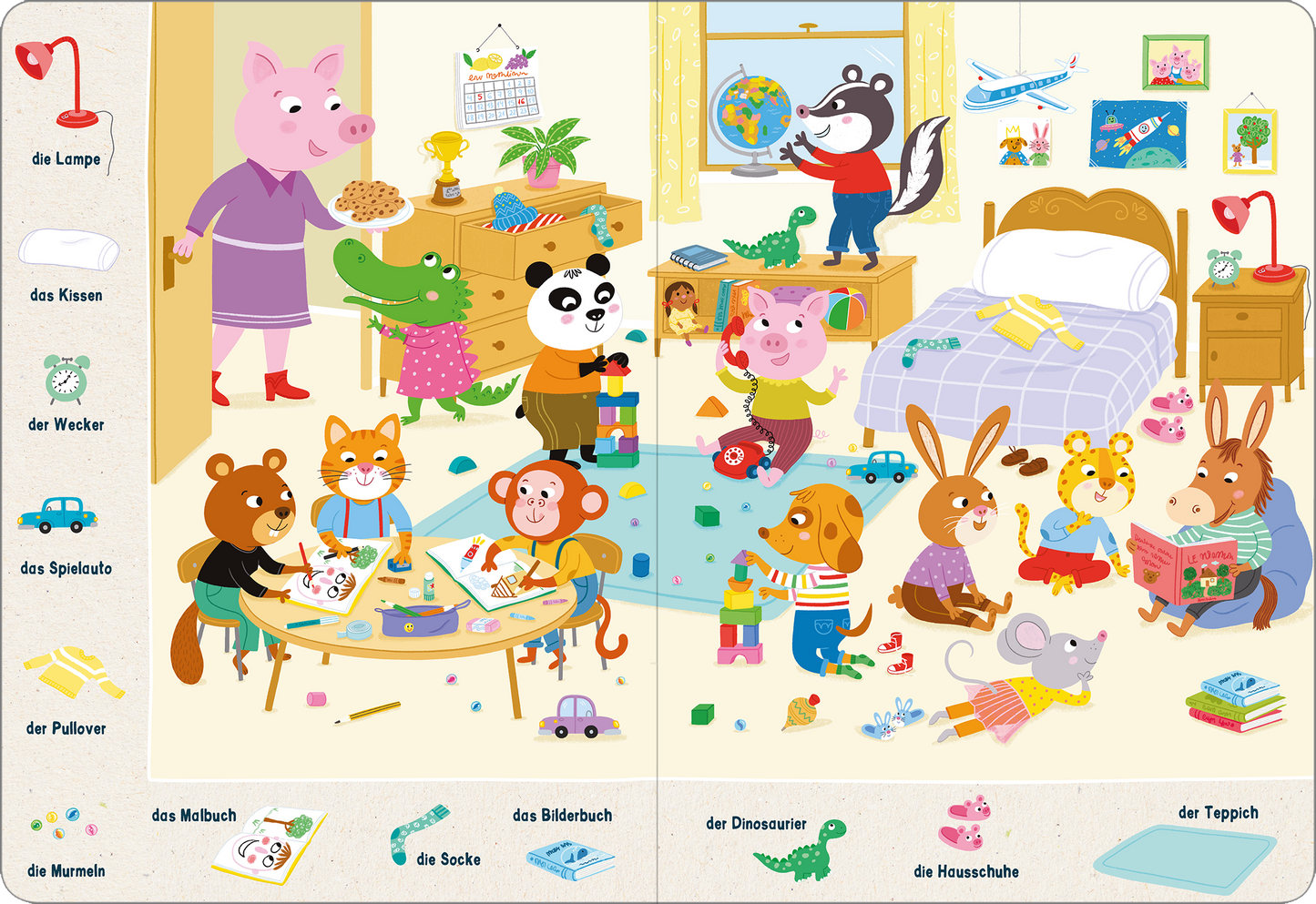 Gezeigt wird eine Innen- oder Zusatzansicht von „Mein 100 Sachen-Suchbuch“. Die Szene spielt in einem bunten Kinderzimmer, angefüllt mit verschiedenen Tieren, die spielen und aktiv sind. Überall liegen Spielsachen und Bücher. Die Wände sind in hellen Farben gehalten und mit Bildern dekoriert. Eine große Fensterfront sorgt für Tageslicht. Typografisch sind die Bezeichnungen der Objekte klar und farbenfroh gestaltet, was die Lesbarkeit erleichtert.
