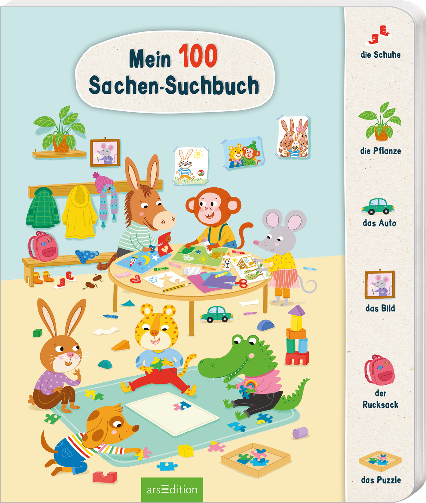 Das Cover zeigt eine fröhliche und bunte Buchszene mit verschiedenen Tiercharakteren, die in einer Kinderecke spielen. Ein Hase, ein Affe, eine Maus, ein Krokodil und ein kleiner Löwe sind um einen Tisch mit Bastelmaterialien versammelt. Der Hintergrund ist in sanften Blautönen gehalten, und an den Wänden hängen bunte Bilder. Oben in der Mitte steht der Titel „Mein 100 Sachen-Suchbuch” in großen, auffälligen Buchstaben. Ganz unten mittig steht der Logoschriftzug von arsEdition.