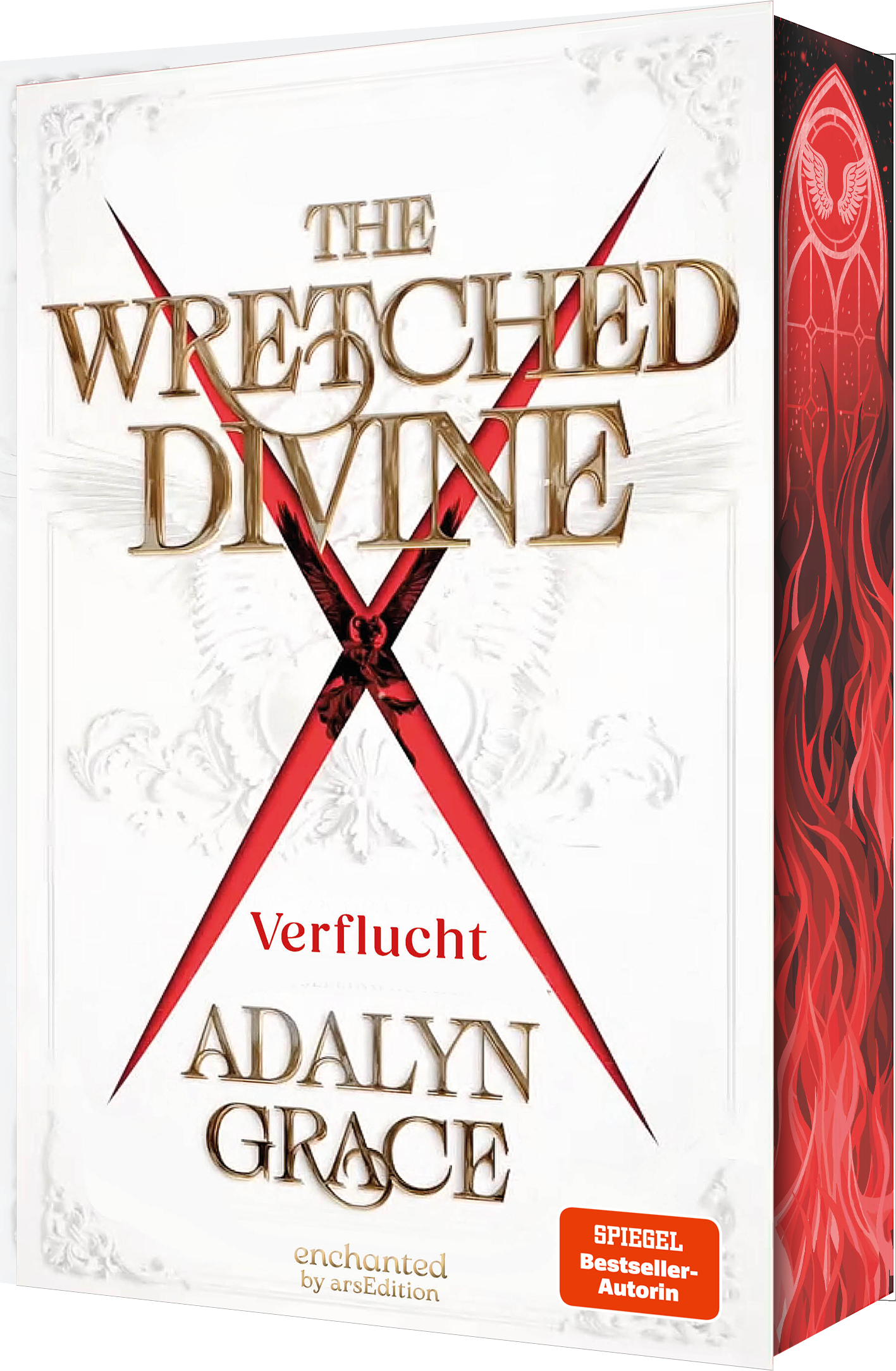 Weißes Buchcover mit reliefartiger Ornamentik, zentral großes gold glänzendes Titellogo THE WRETCHED DIVINE in Serifschrift, rotes gekreuztes X mit dunklen Rissen, darunter in Rot das Wort Verflucht, Autorinname ADALYN GRACE in Gold, rechts Seitensteg in Schwarz und flammigem Rot, unten rechts oranger SPIEGEL-Bestseller-Button mit Text SPIEGEL Bestseller-Autorin, atmosphärisch düster und episch. Ganz unten mittig steht der Logoschriftzug von arsEdition.