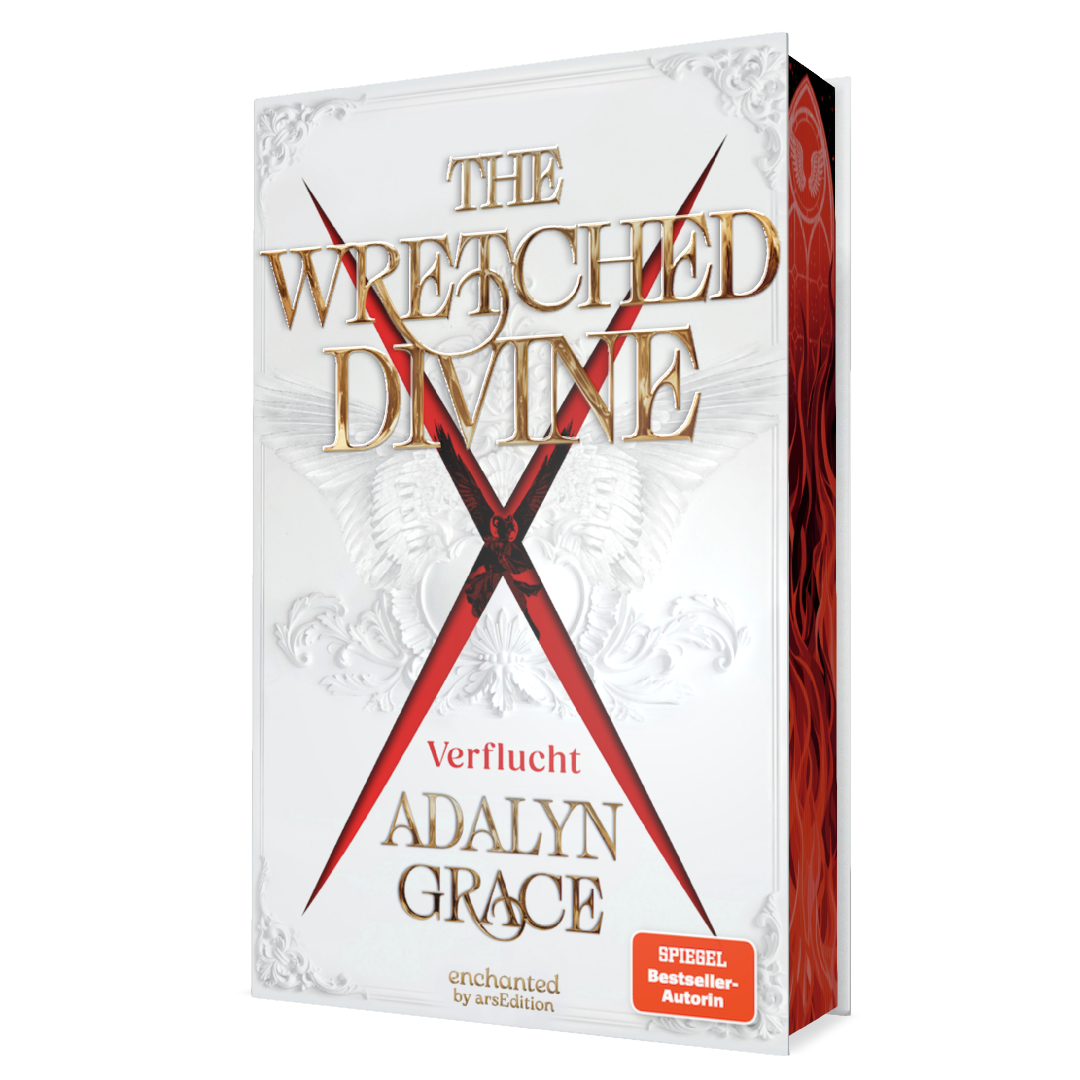 Weißes Cover mit reliefartigen Ornamenten und angedeuteten Engelsflügeln, mittig ein großes rotes X. Titel „THE WRETCHED DIVINE“ in goldener Serifenschrift, darunter rot der Zusatz „Verflucht“ und der Autorenname „ADALYN GRACE“ ebenfalls in Gold. Goldene, prunkvolle Typografie kontrastiert mit dunkler, dramatischer Stimmung. Unten rechts ein oranger Button mit der Aufschrift „SPIEGEL Bestseller-Autorin“. Ganz unten mittig steht der Logoschriftzug von arsEdition.
