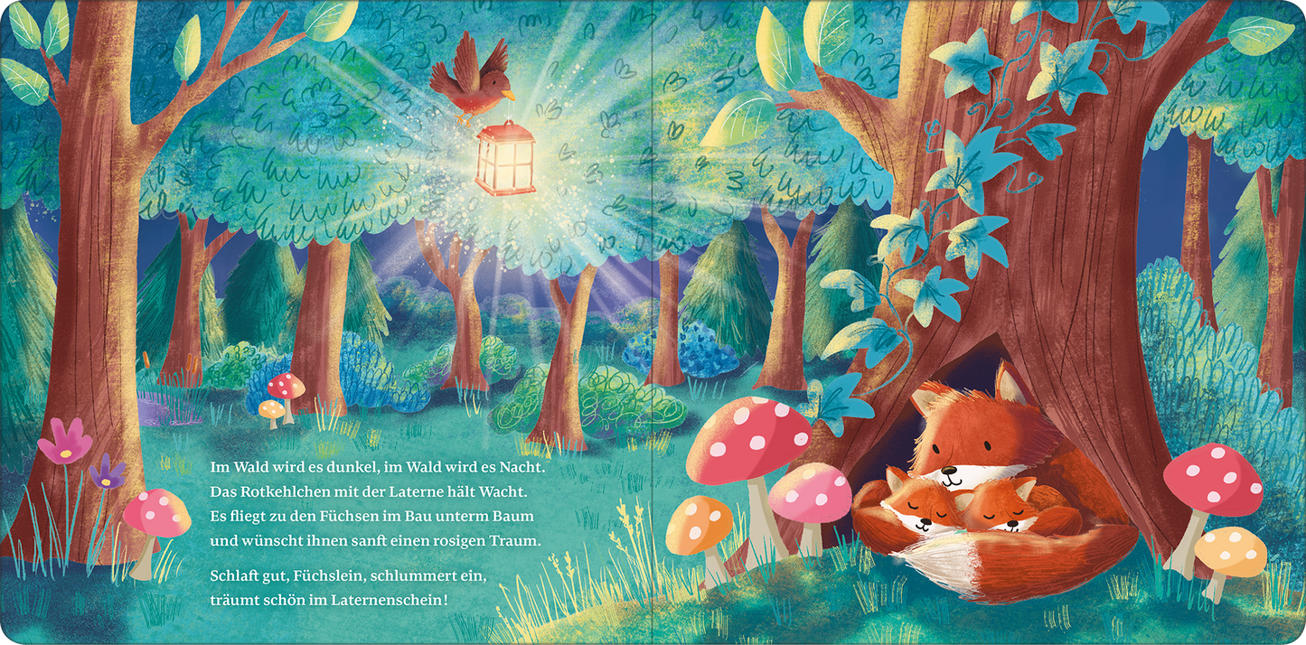 Gezeigt wird eine Innen- oder Zusatzansicht von „Ich schenk dir ein Licht! Schlaf, Kindlein, schlaf“. Die Illustration zeigt einen dunklen Wald, in dem ein warmes Licht aus einer Laterne strahlt. Bäume in verschiedenen Grüntönen umgeben die Szene. Auf dem Boden wachsen bunte Pilze, und im Vordergrund liegt ein kleiner Fuchs eng an eine weitere Kreatur gekuschelt. Die Schrift ist spielerisch gestaltet und in sanften Farben gehalten. Die gesamte Stimmung vermittelt Geborgenheit und den...