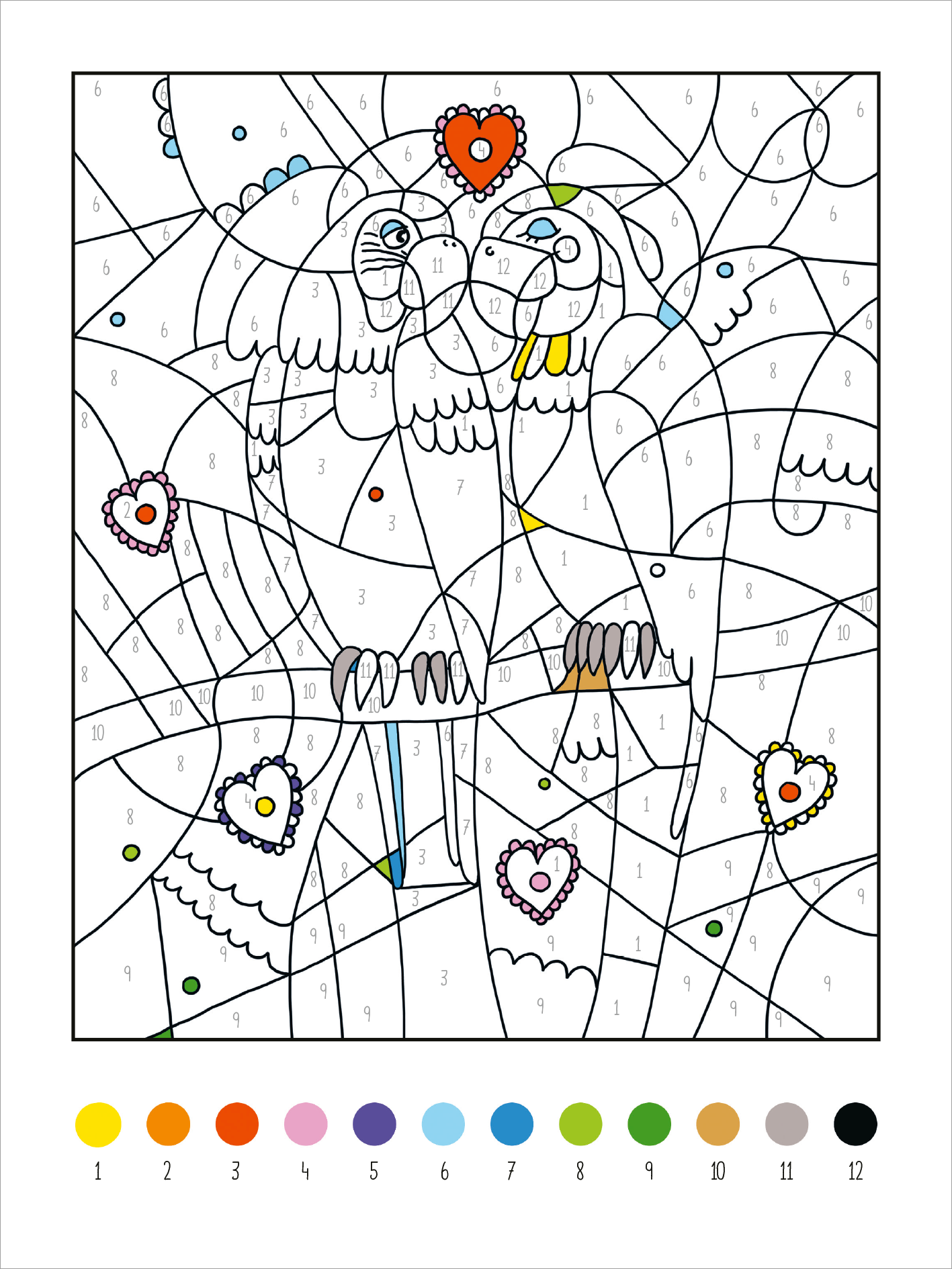 Gezeigt wird eine Innen- oder Zusatzansicht von „Mein dickes Malen-nach-Zahlen-Buch – Wilde Tiere“. Die Illustration zeigt zwei liebevolle Eulen, umgeben von geschwungenen Linien und Herzen. Die Konturen sind klar und markant, nummeriert von 1 bis 12, was das Malen erleichtert. Die Farbpalette, unten abgebildet, umfasst lebendige Töne wie Blau, Grün, Rosa und Gelb, die für die einzelnen Felder vorgesehen sind. Die fröhliche Komposition lädt zum kreativen Ausmalen ein.