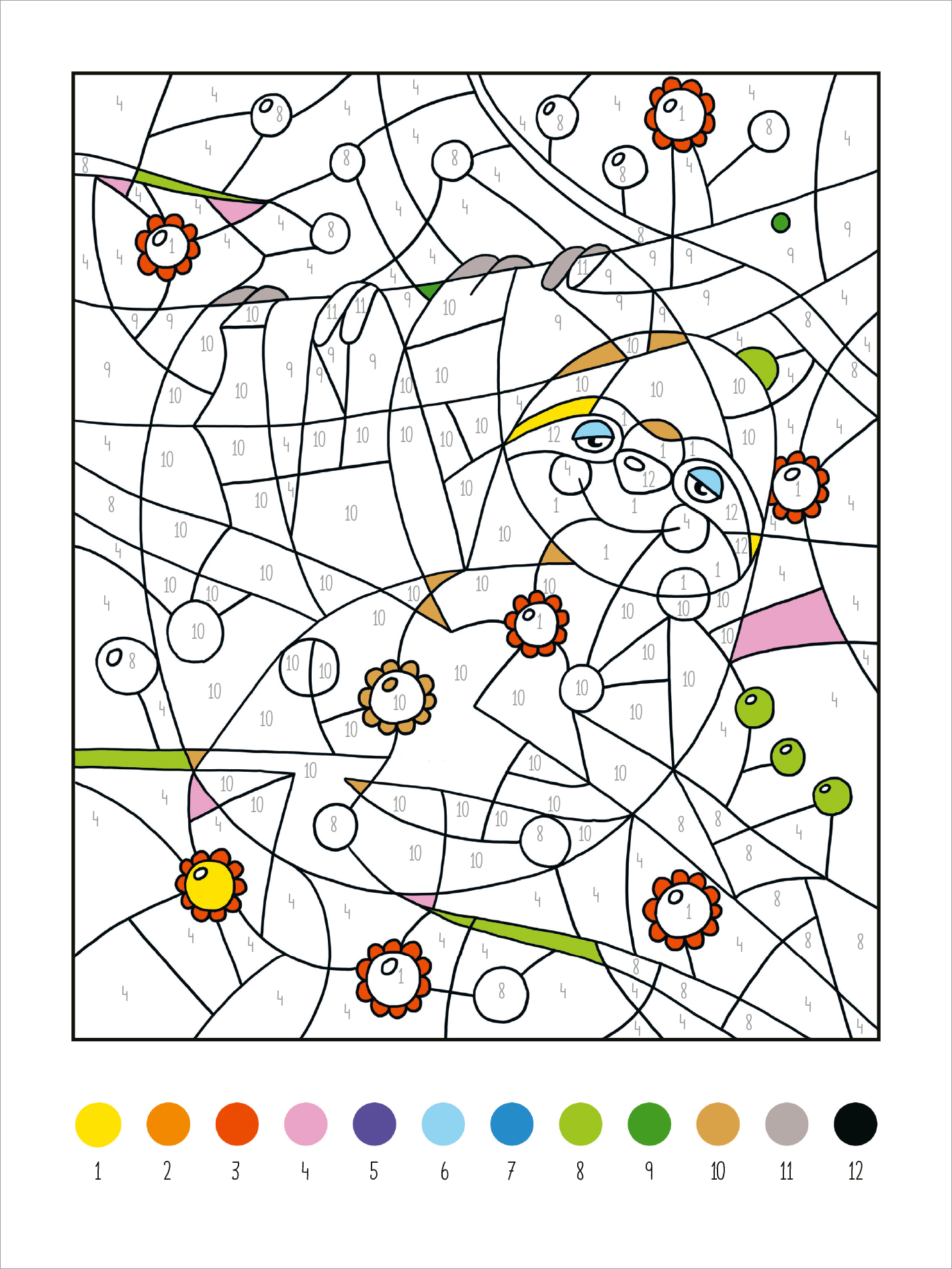 Gezeigt wird eine Innen- oder Zusatzansicht von „Mein dickes Malen-nach-Zahlen-Buch – Wilde Tiere“. Auf der Seite sind verschiedene, nummerierte Bereiche in unterschiedlichen Formen und Größen abgebildet. Ein lächelndes Tier blickt aus der Mitte heraus, umgeben von lebhaften, bunten Blumen. Die Farbpalette am unteren Rand umfasst zwölf Farbtöne, die von warmen Tönen wie Gelb und Orange bis hin zu kühleren Tönen wie Blau und Grün reichen. Die Umrisse sind kräftig schwarz und klar...