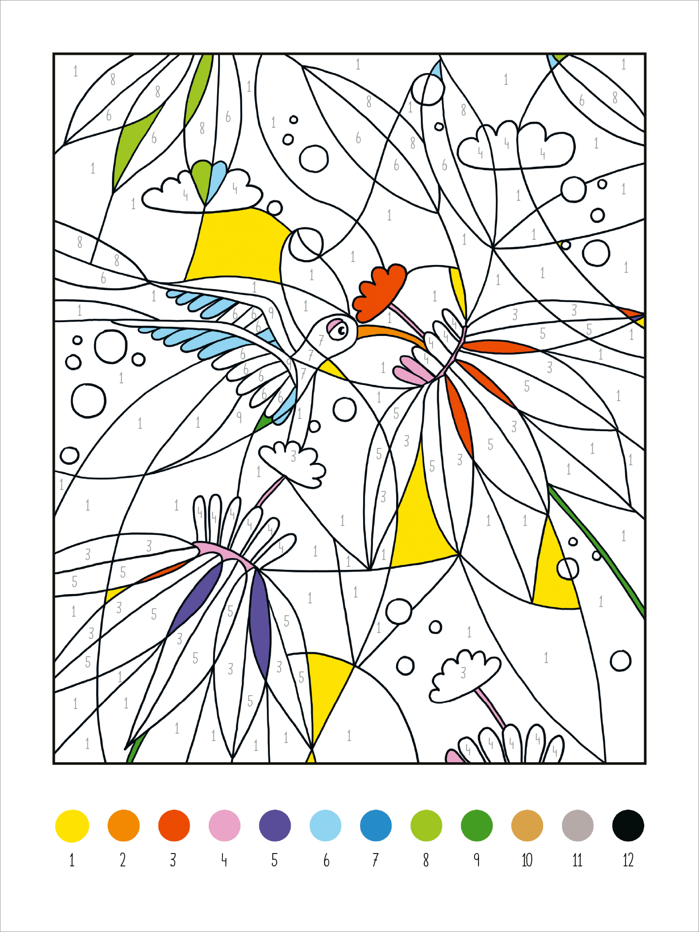 Gezeigt wird eine Innen- oder Zusatzansicht von „Mein dickes Malen-nach-Zahlen-Buch – Wilde Tiere“. Die Abbildung zeigt ein farbiges Malen-nach-Zahlen-Motiv mit einem bunten Vogel vor einem Hintergrund aus geschwungenen Blättern und Wolken. Die Konturen sind klar und scharf. Unterhalb des Bildes befindet sich eine Farbpalette mit nummerierten Farbtönen. Die Verwendung von lebendigen Farben wie Gelb, Rot und Blau sorgt für eine freundliche und einladende Atmosphäre.