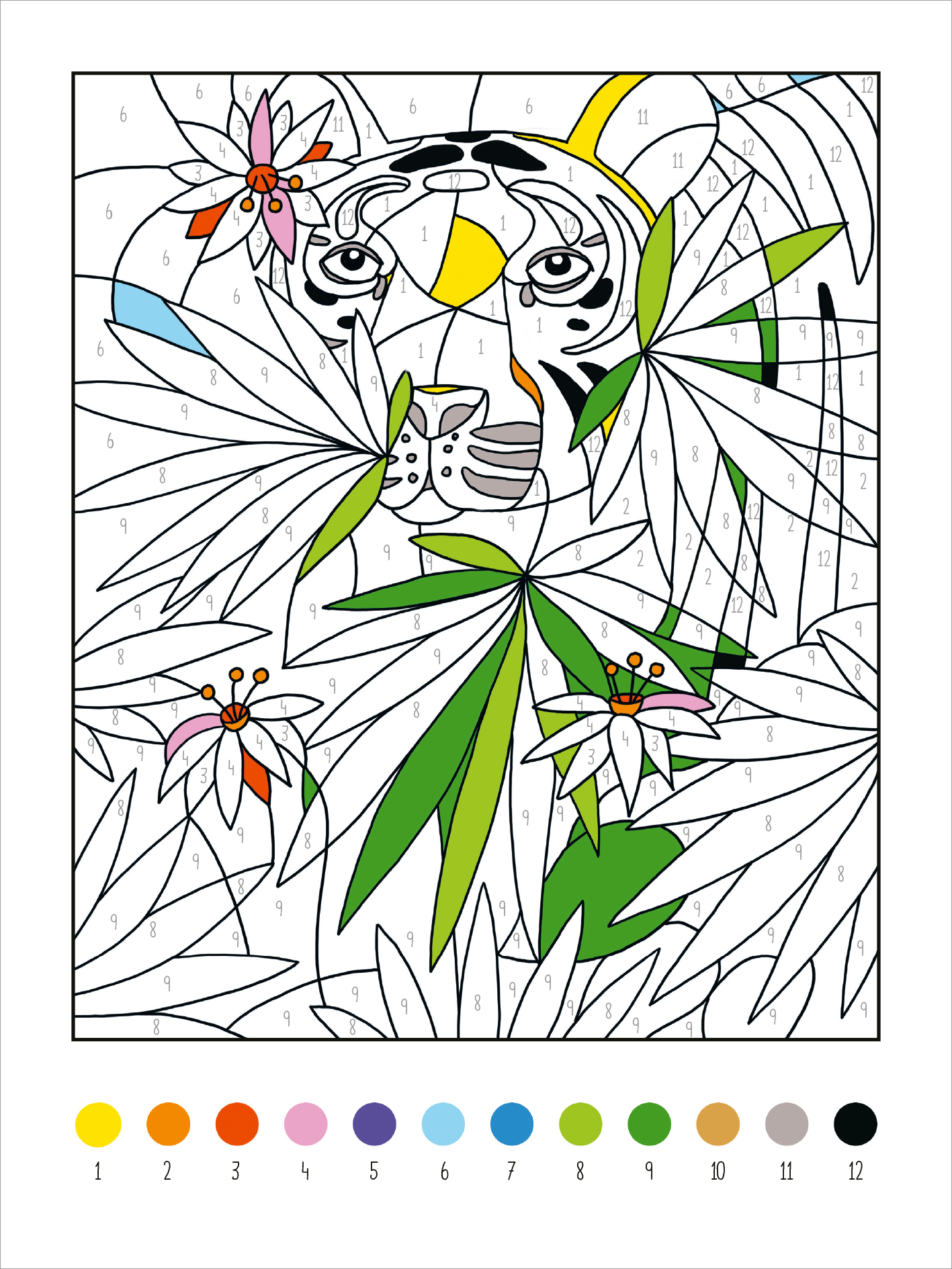 Gezeigt wird eine Innen- oder Zusatzansicht von „Mein dickes Malen-nach-Zahlen-Buch – Wilde Tiere“. Die Abbildung zeigt einen Tiger, umgeben von üppiger Vegetation mit unterschiedlichen Pflanzen und Blumen. Die Konturen sind klar und dick, während die Flächen nummeriert sind, um das Ausmalen zu erleichtern. Farbpalette am unteren Rand umfasst zwölf Farben, darunter lebendige Töne wie Orange, Grün und Pink, die die Vielfalt der Tier- und Pflanzenwelt betonen.