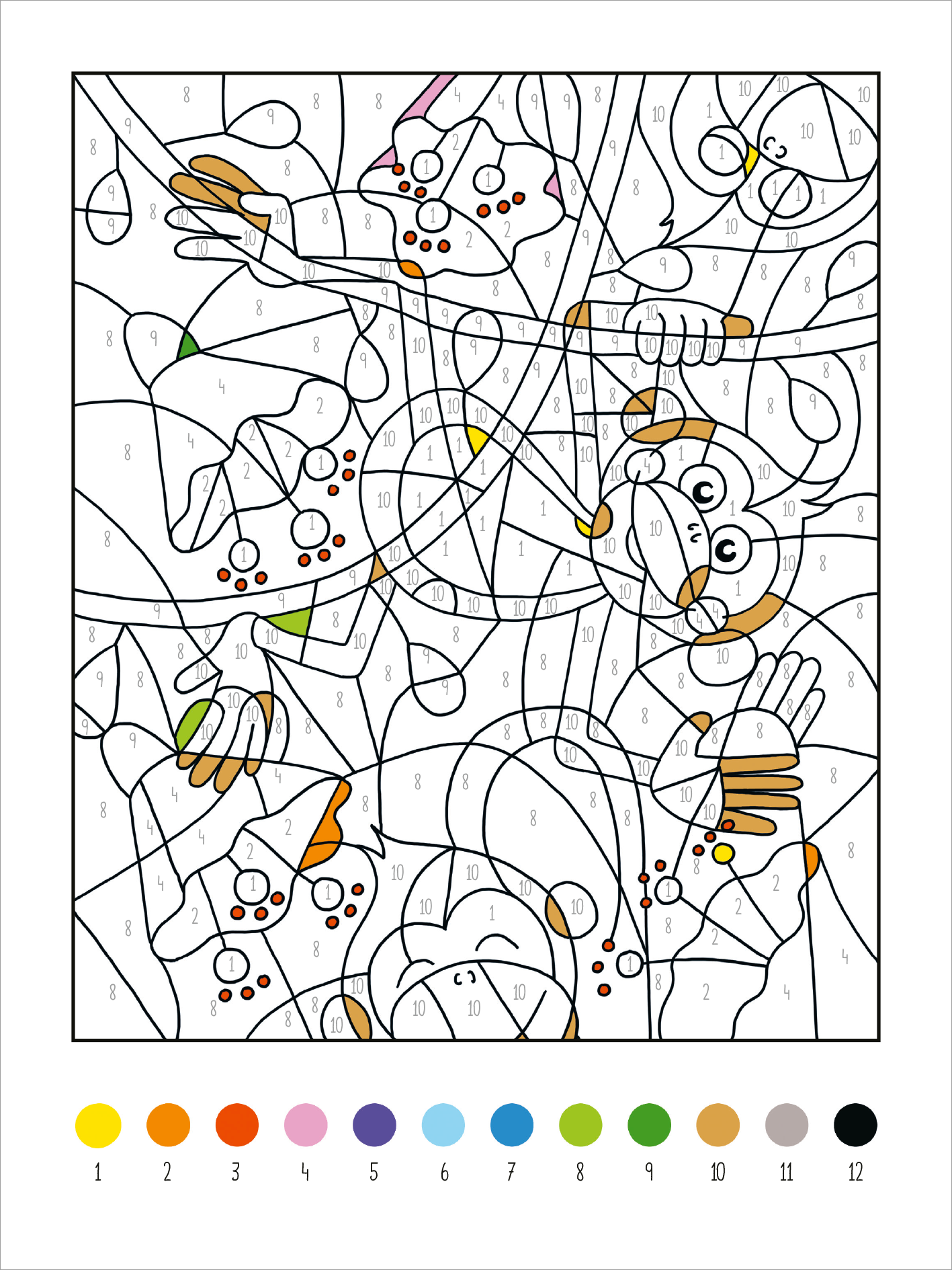 Gezeigt wird eine Innen- oder Zusatzansicht von „Mein dickes Malen-nach-Zahlen-Buch – Wilde Tiere“. Die Abbildung zeigt eine komplexe Malvorlage mit verschiedenen Tiermotiven, die durch klare schwarze Konturen abgegrenzt sind. Zu sehen sind mehrere Hände, die interagierend dargestellt sind, sowie ein Affengesicht. Unten sind 12 Farbnummern aufgelistet, die den Farbcodes entsprechen. Die Gestaltung ist farbenfroh und ansprechend für Kinder, mit einer fröhlichen, spielerischen Typografie.