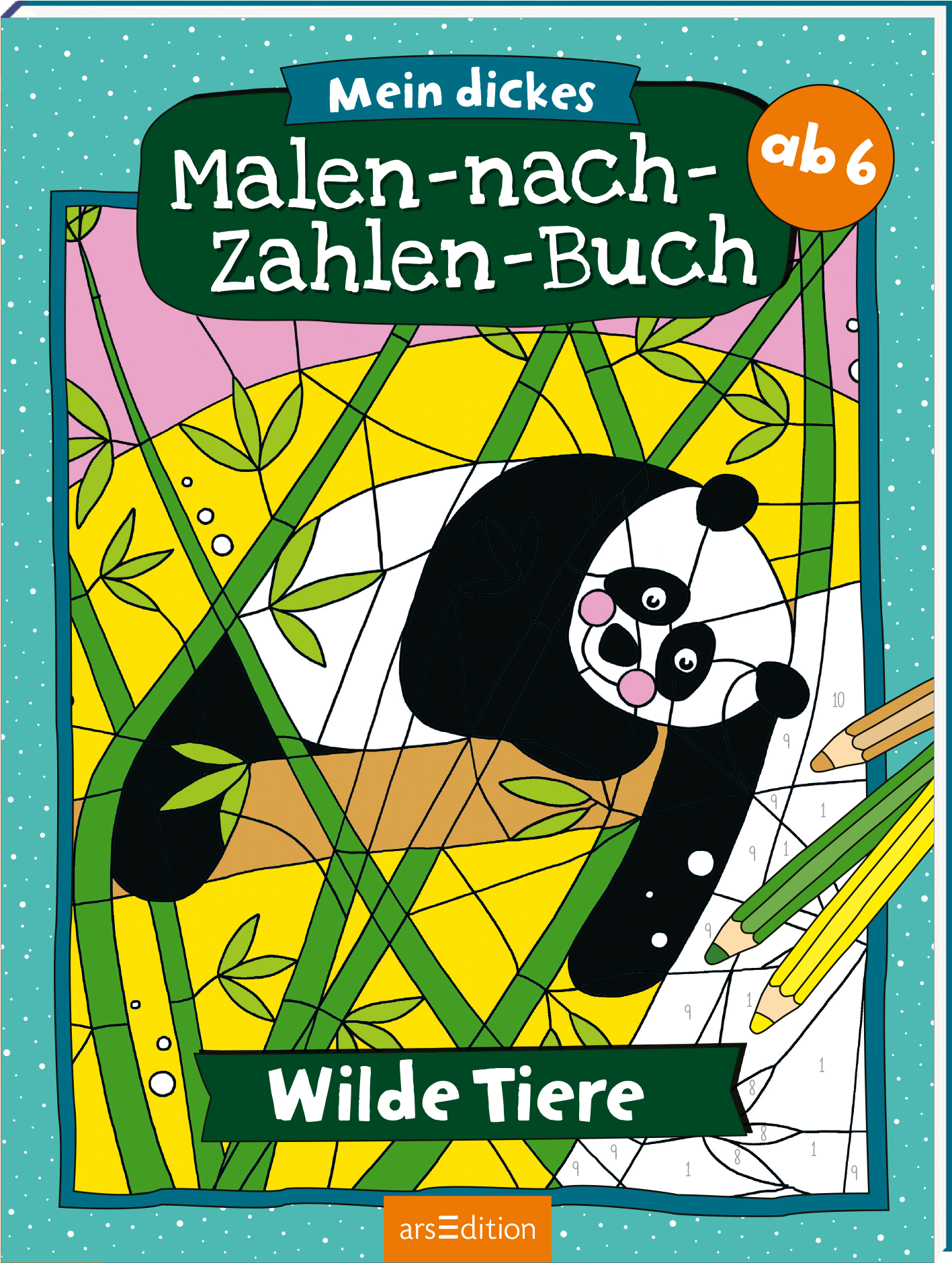 Das Buchcover zeigt einen bunten, grafischen Hintergrund in Gelb-, Grün- und Pinktönen. In der Mitte ist ein stilisierter, schwarz-weißer Panda abgebildet, der freundlich in die Kamera blickt. Oberhalb des Tiers steht der Titel „Mein dickes Malen-nach-Zahlen-Buch“ in einer verspielten, grünen Schrift. Darunter sind die Worte „Wilde Tiere“ in einer klaren, weißen Schrift auf einem leuchtend grünen Banner platziert. Ein runder Button in Orange links oben trägt den Text „ab 6“....