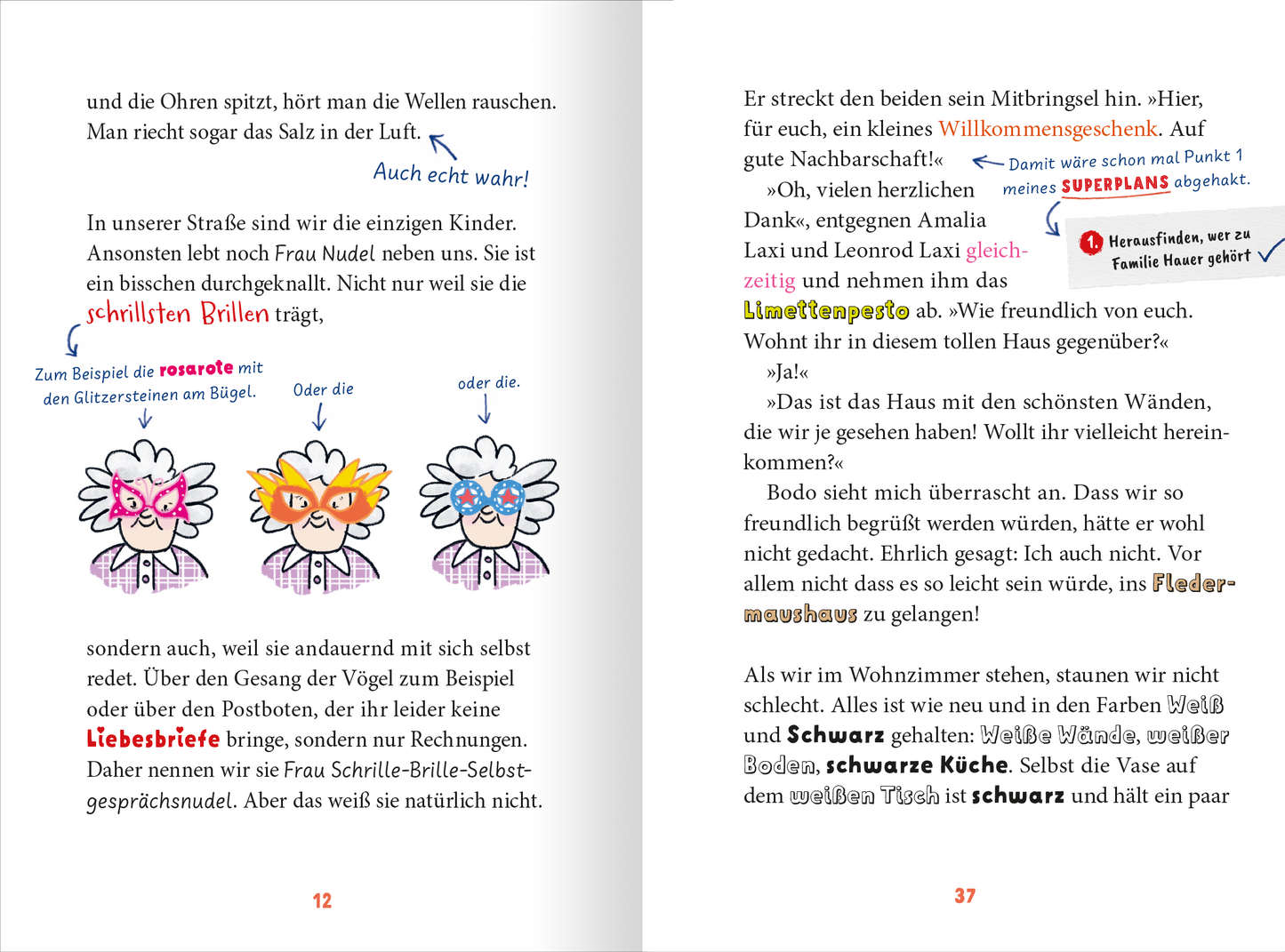 Gezeigt wird eine Innen- oder Zusatzansicht von „Juni von der Farbe und ein Sommer voller Superpläne“. Die Seiten sind bunt gestaltet und zeichnen sich durch spielerische Illustrationen von fröhlichen Charakteren mit großen, ausdrucksvollen Augen aus. Die Farbpalette umfasst lebendige Töne wie Rosa, Blau und Lila. Verschnörkelte, handschriftliche Typografie sowie klare Druckschrift fördern die Lesbarkeit. Textkästen heben Dialoge und wichtige Informationen hervor, während die...
