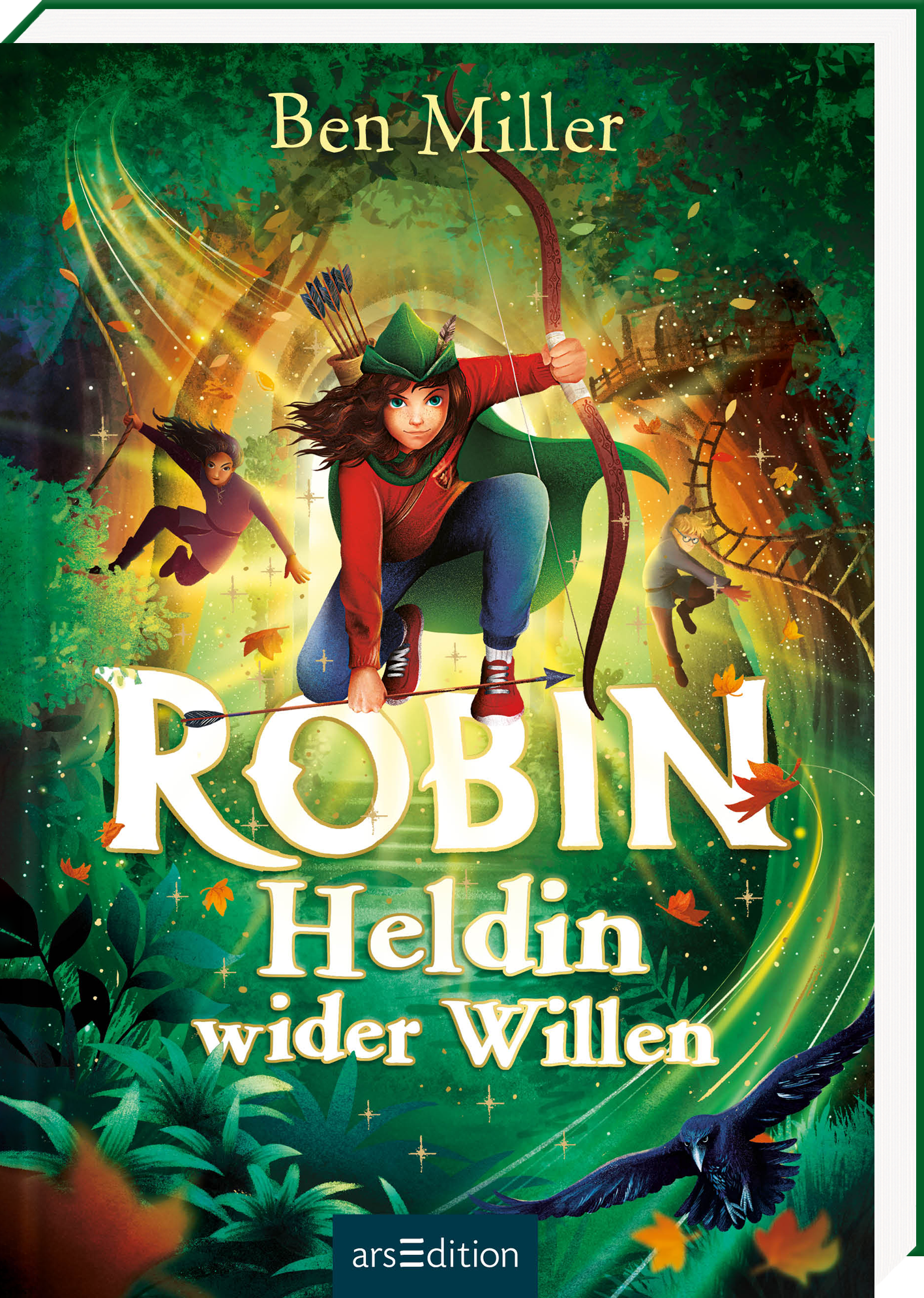 Auf dem Buchcover sieht man eine junge Heldin mit einem grünen Hut, die dynamisch mit einem Bogen in der Hand agiert. Ihr rotes Oberteil steht in starkem Kontrast zu den sanften Grüntönen des Waldes im Hintergrund, der mit leuchtenden Blättern und verwunschenen Elementen versehen ist. Im Fokus steht der Titel „ROBIN“ in großen, weißen Buchstaben, gefolgt von „Heldin wider Willen“ in einer kleineren Schrift. Die lebendige, abenteuerliche Atmosphäre wird durch die weichen...