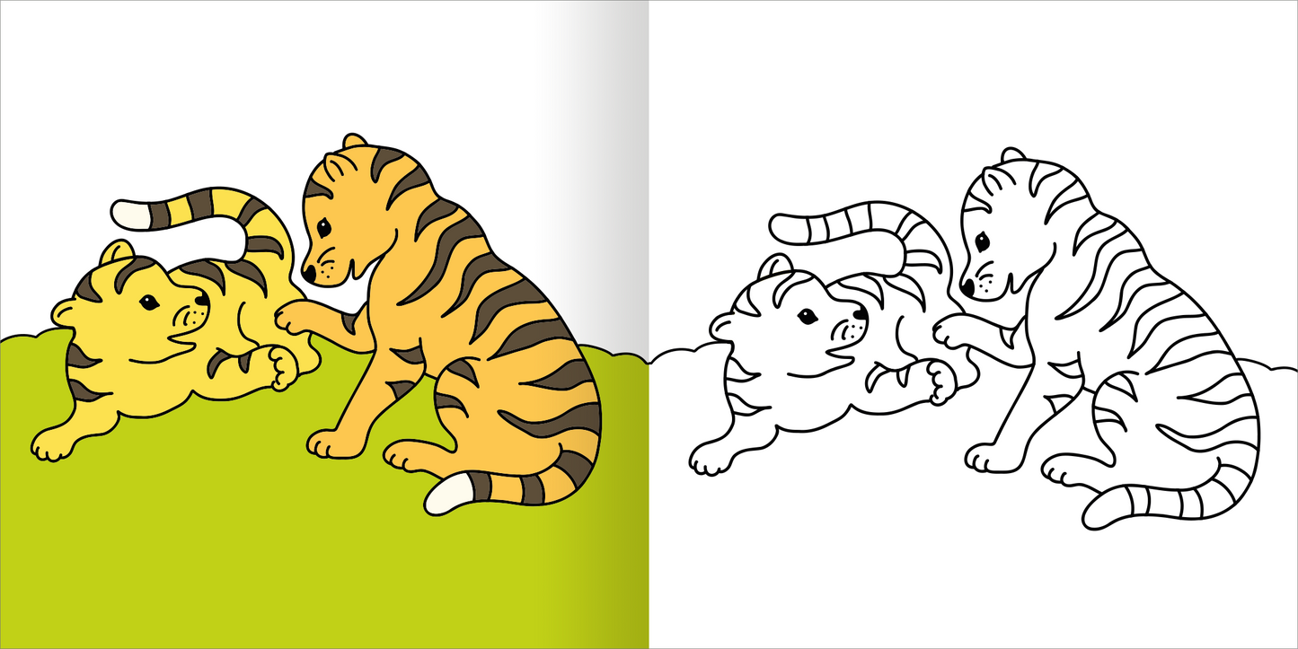 Gezeigt wird eine Innen- oder Zusatzansicht von „Mein erstes dickes Malbuch ab 2 – Tierkinder“. Die Abbildung zeigt zwei spielende Tigerkinder in lebendigen Farben. Der linke Bereich ist in fröhlichen Gelbtönen und einem grünen Hintergrund gestaltet, während der rechte Bereich eine schwarz-weiße Konturansicht bietet. Die Typografie ist freundlich und kindgerecht, was die Nutzung für kleine Kinder erleichtert. Die Gesamtgestaltung lädt zum Ausmalen und Spielen ein.