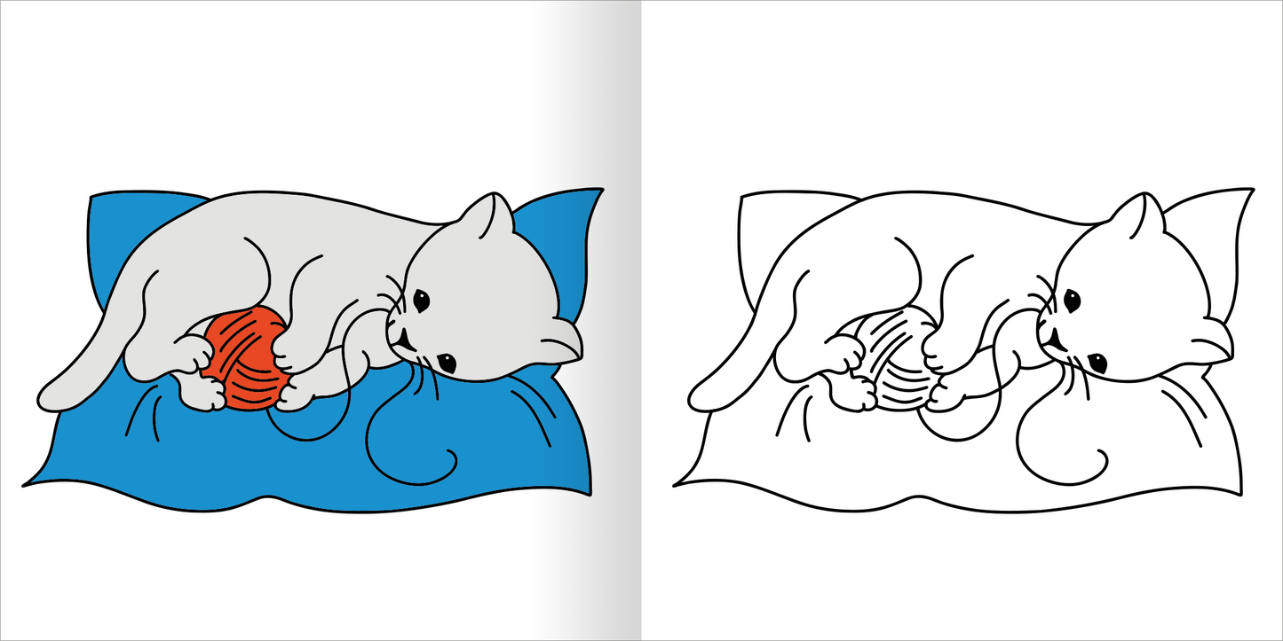 Gezeigt wird eine Innen- oder Zusatzansicht von „Mein erstes dickes Malbuch ab 2 – Tierkinder“. Die Abbildung zeigt eine graue Katze, die auf einem blauen Kissen liegt und mit einem roten Wollknäuel spielt. Der Hintergrund ist schlicht gehalten. Links ist die Illustration farbig und einladend, während rechts eine skizzierte Version ohne Farbe präsentiert wird, die zum Ausmalen einlädt. Der Text ist in einer klaren, gut lesbaren Typografie gestaltet.