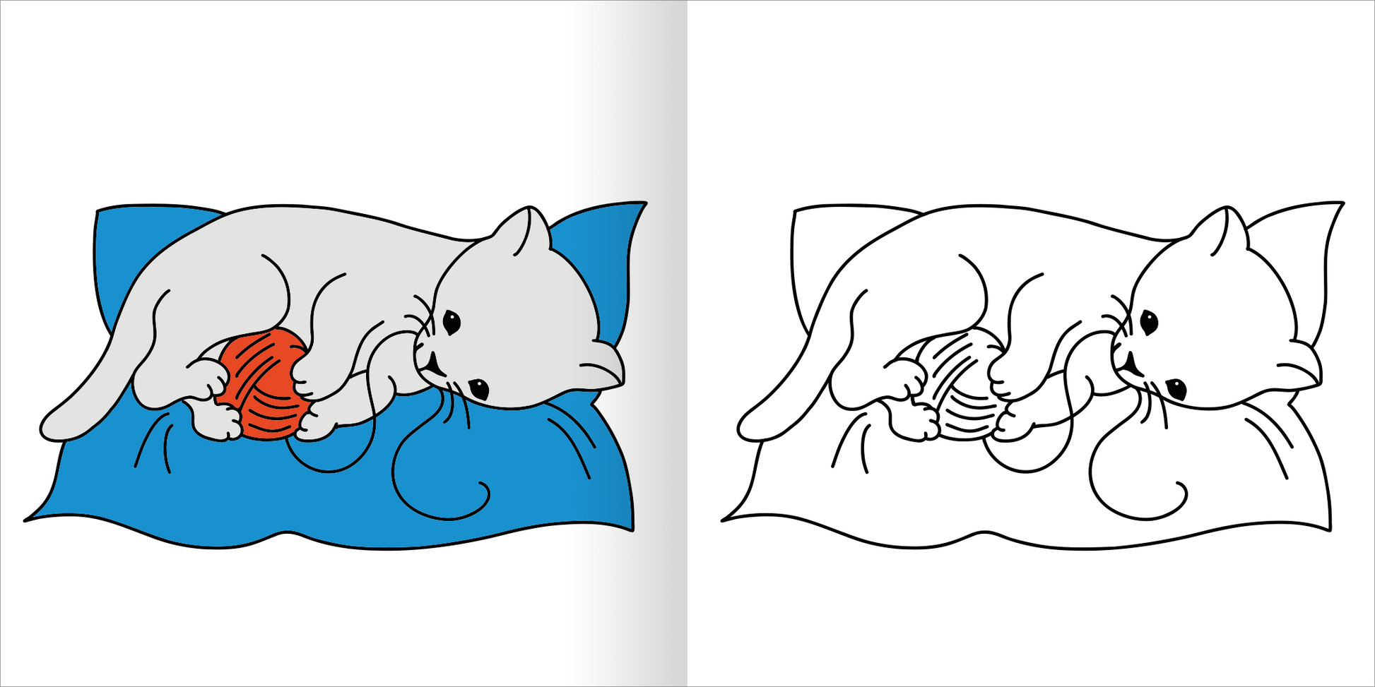 Gezeigt wird eine Innen- oder Zusatzansicht von „Mein erstes dickes Malbuch ab 2 – Tierkinder“. Die Abbildung zeigt eine graue Katze, die auf einem blauen Kissen liegt und mit einem roten Wollknäuel spielt. Der Hintergrund ist schlicht gehalten. Links ist die Illustration farbig und einladend, während rechts eine skizzierte Version ohne Farbe präsentiert wird, die zum Ausmalen einlädt. Der Text ist in einer klaren, gut lesbaren Typografie gestaltet.