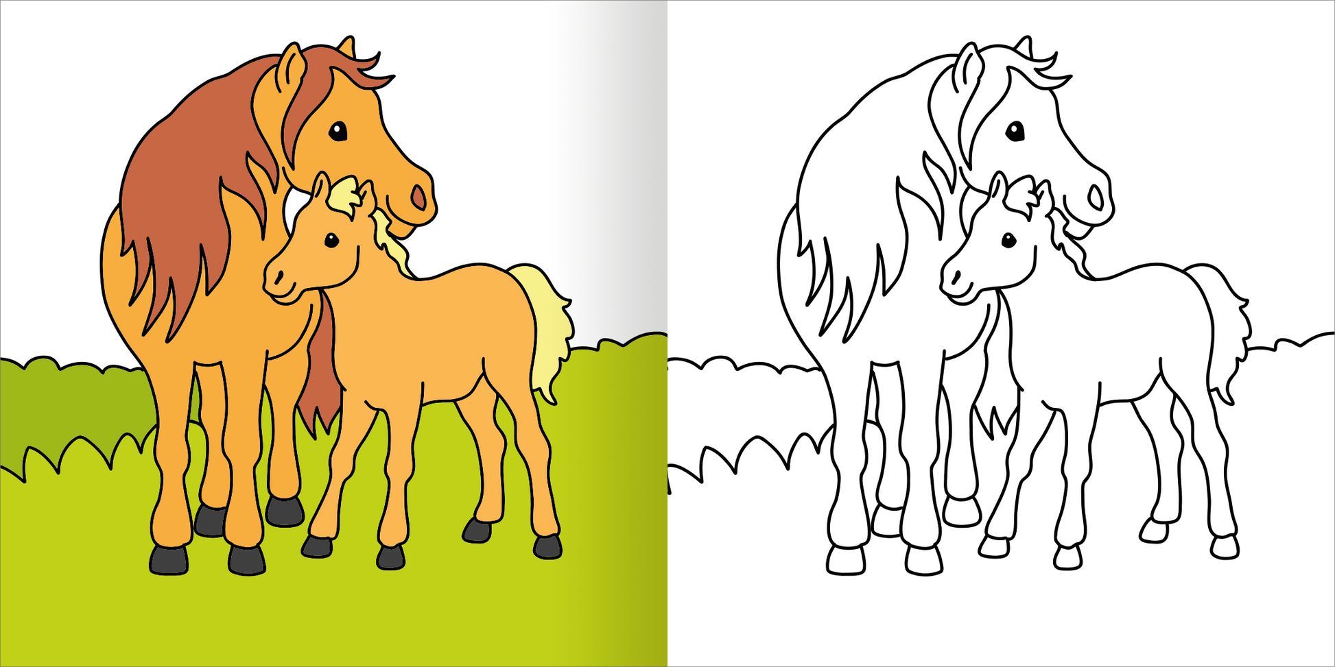 Gezeigt wird eine Innen- oder Zusatzansicht von „Mein erstes dickes Malbuch ab 2 – Tierkinder“. Die Abbildung zeigt eine Farbseite mit einem braunen Pferd und einem kleinen, hellbraunen Fohlen auf einer grünen Wiese. Das Pferd hat eine lebendige Mähne, während das Fohlen fröhlich aussieht. Daneben ist eine schwarz-weiße Umrisszeichnung derselben Szene, die zum Ausmalen einlädt. Die Typografie ist kindgerecht und klar gestaltet.