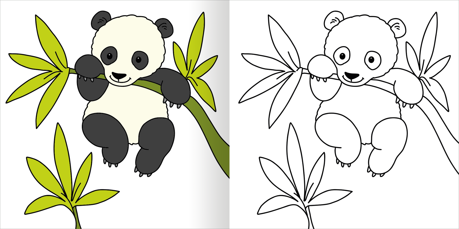 Gezeigt wird eine Innen- oder Zusatzansicht von „Mein erstes dickes Malbuch ab 2 – Tierkinder“. Auf der linken Seite schmiegt sich ein fröhlicher Panda an einen grünen Bambuszweig, umgeben von grünen Blättern, die in lebhaften Farben dargestellt sind. Die rechte Seite zeigt dieselbe Zeichnung in einer konturierten, schwarz-weißen Variante zum Ausmalen. Die große, freundliche Typografie ist kindgerecht und hebt die spielerische Atmosphäre des Buches hervor.