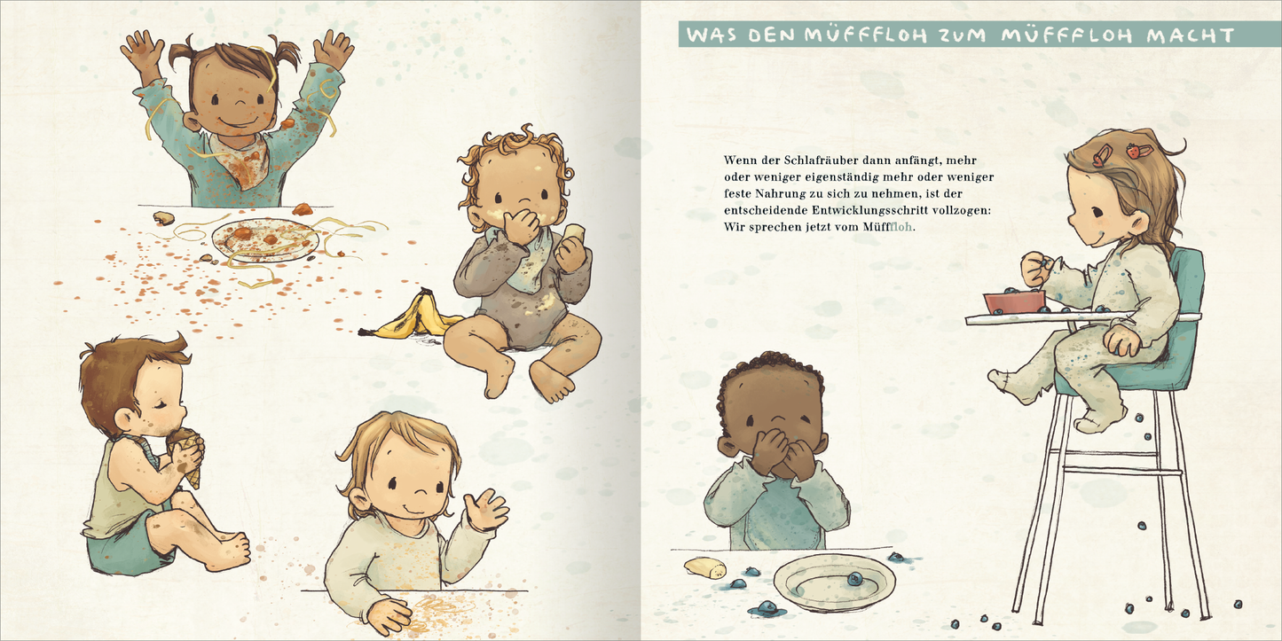 Gezeigt wird eine Innen- oder Zusatzansicht von „Der MüffFloh“. Auf der Seite sind vier Kinder in verschiedenen Posen dargestellt, die beim Essen spielen. Die Farbpalette ist sanft und pastellig, vorwiegendes Beige, Braun und Hellblau, ergänzt durch lebendige Akzente in Gelb und Grün. Die Typografie ist klar und kindgerecht, mit einer Überschrift im oberen Abschnitt, die ansprechend und verspielt wirkt. Elemente wie Teller, Essen und Krümel betonen die kindliche Ungezwungenheit und den...