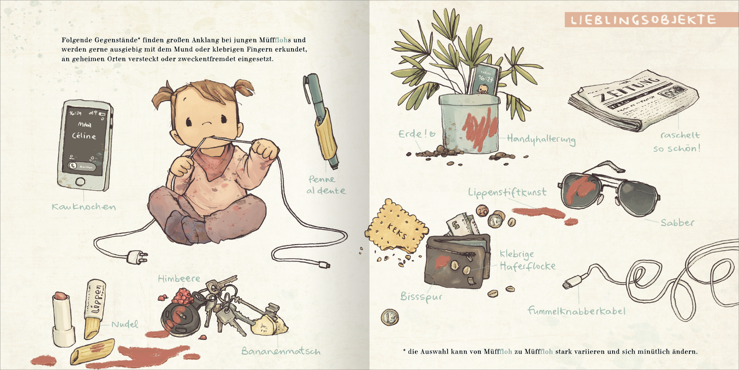 Gezeigt wird eine Innen- oder Zusatzansicht von „Der MüffFloh“. Die Illustration zeigt ein Kind mit braunen Haaren, das auf dem Boden sitzt und zahlreiche Gegenstände um sich hat. Auf der linken Seite sind ein Smartphone, ein Kaugummi und eine Schnur abgebildet. Auf der rechten Seite sind verschiedene Lieblingsobjekte, wie eine Sonnenbrille, ein Bleistift und eine kleine Handpuppe, zusammen mit gängigen Farben wie Grün, Braun und Rot. Die Schrift ist verspielt und klar strukturiert.
