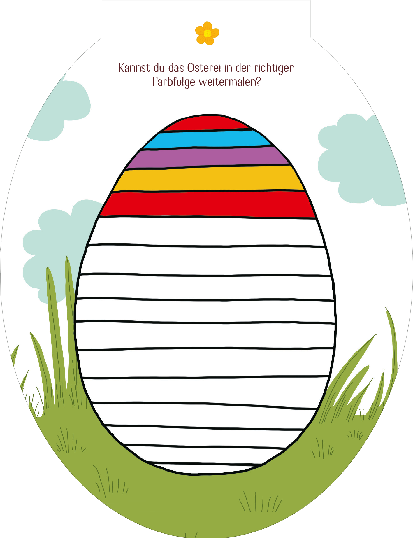 Gezeigt wird eine Innen- oder Zusatzansicht von „Große Oster-Rätselei“. Die Abbildung zeigt ein großes, ovales Osterei, das teilweise mit bunten Streifen in den Farben Rot, Blau, Gelb und Lila verziert ist. Der untere Teil ist mit horizontalen Linien versehen, die zum Ausmalen einladen. Im oberen Bereich steht der Schriftzug „Kannst du das Osterei in der richtigen Farbfolge weitermalen?“. Die Farben sind klar und leuchtend, mit einem freundlichen, verspielten Design, umgeben von...