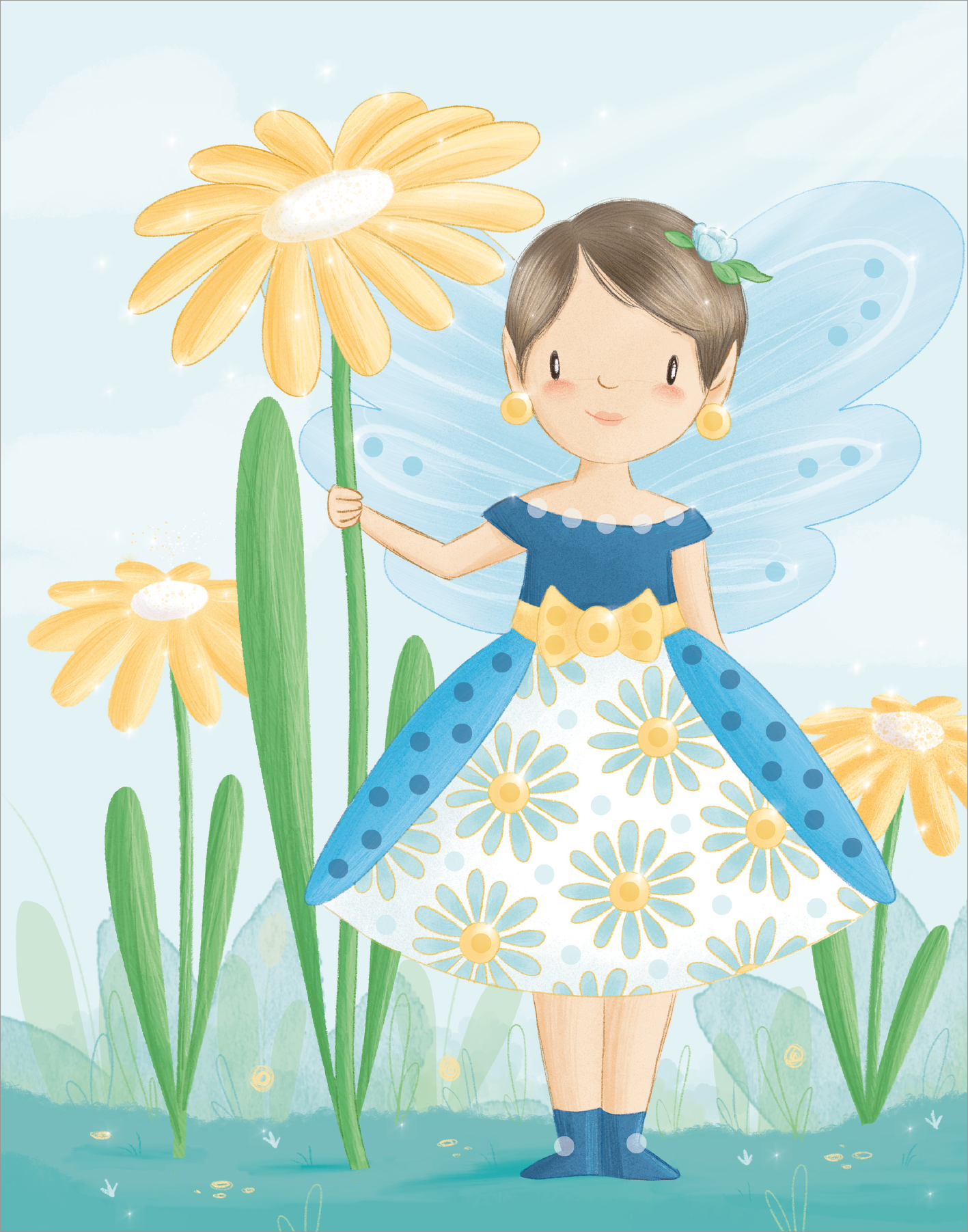 Gezeigt wird eine Innen- oder Zusatzansicht von „Diamantsticker Anziehpuppen – Frühlingsfeen“. Das Bild zeigt eine fröhliche Feenfigur mit einer blauen Bluse und einem blauen Rock, verziert mit blauen Punkten und gelben Blumen. Sie hält eine große, gelbe Blume in der Hand. Ihr Gesicht ist freundlich mit einem sanften Lächeln, während ihre durchsichtigen Flügel im Hintergrund sanft bläulich schimmern. Die Umgebung ist grün mit weiteren gelben Blumen, die eine frühlingshafte...