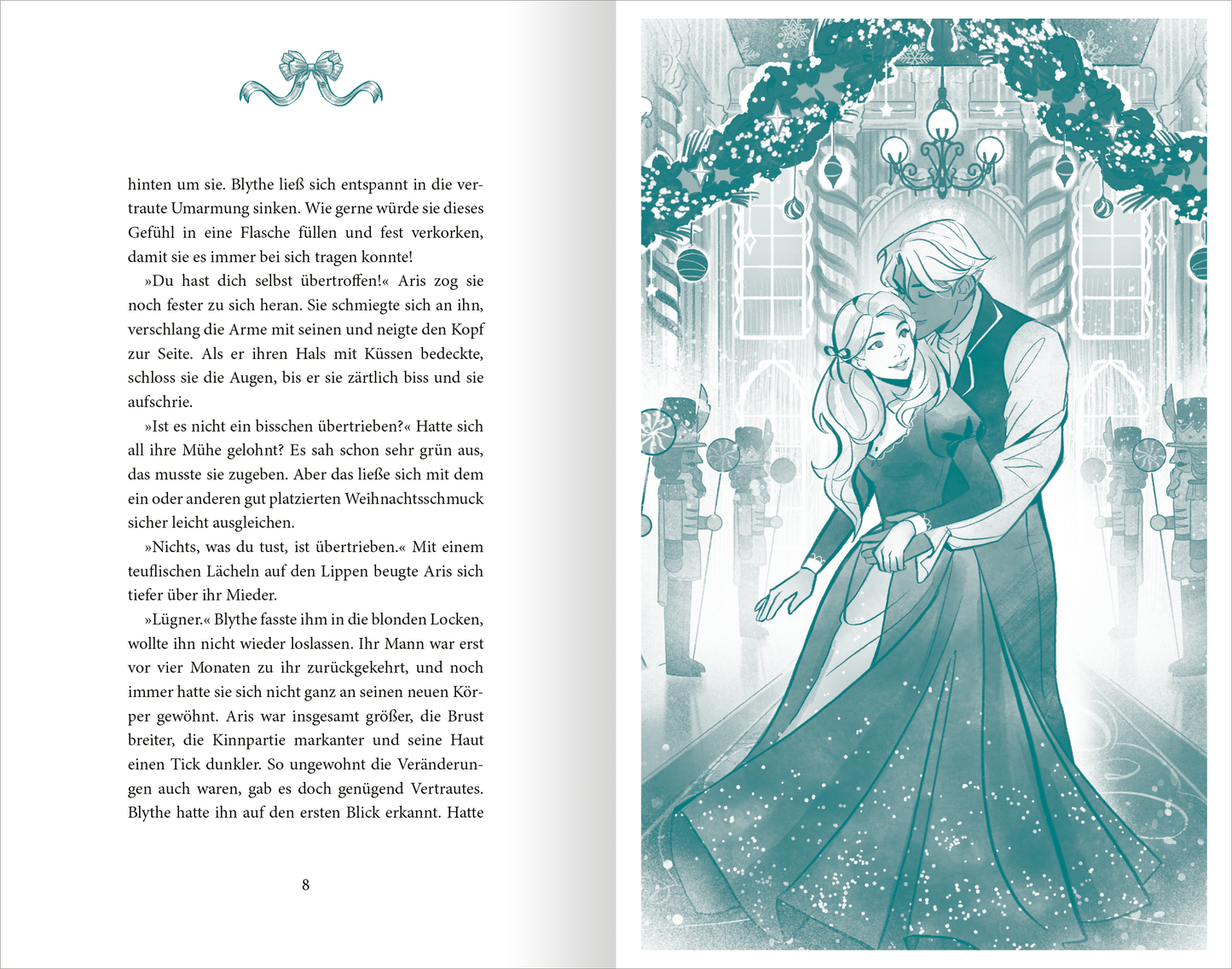 Gezeigt wird eine Innen- oder Zusatzansicht von „Holly – Eine Belladonna-Novelle“. Auf der rechten Seite befindet sich eine Illustration. Im Vordergrund sind zwei Figuren zu sehen, die sich umarmen, vor einer festlich dekorierten Umgebung mit Lichtern und Tannenzweigen. Der Text ist in einer klaren, eleganten Schriftart gesetzt, die gut lesbar ist.